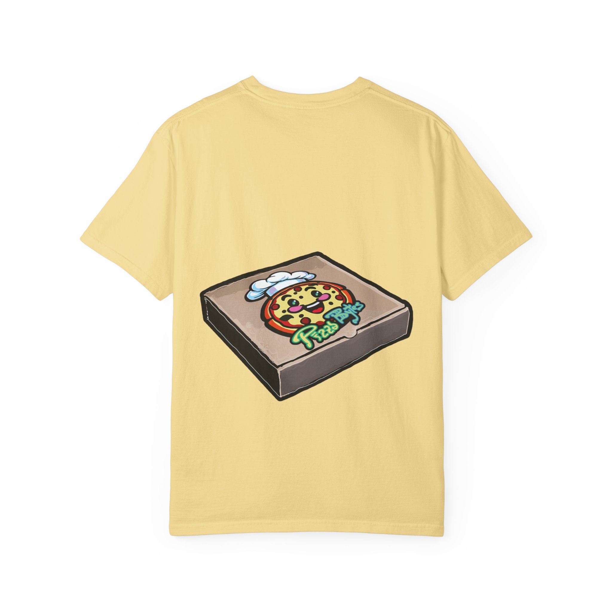 Hand-drawn burger pizza box t-shirt showing open pizza box with pepperoni pizza topped with mini cheeseburgers on Comfort tee from PizzaBytes collection