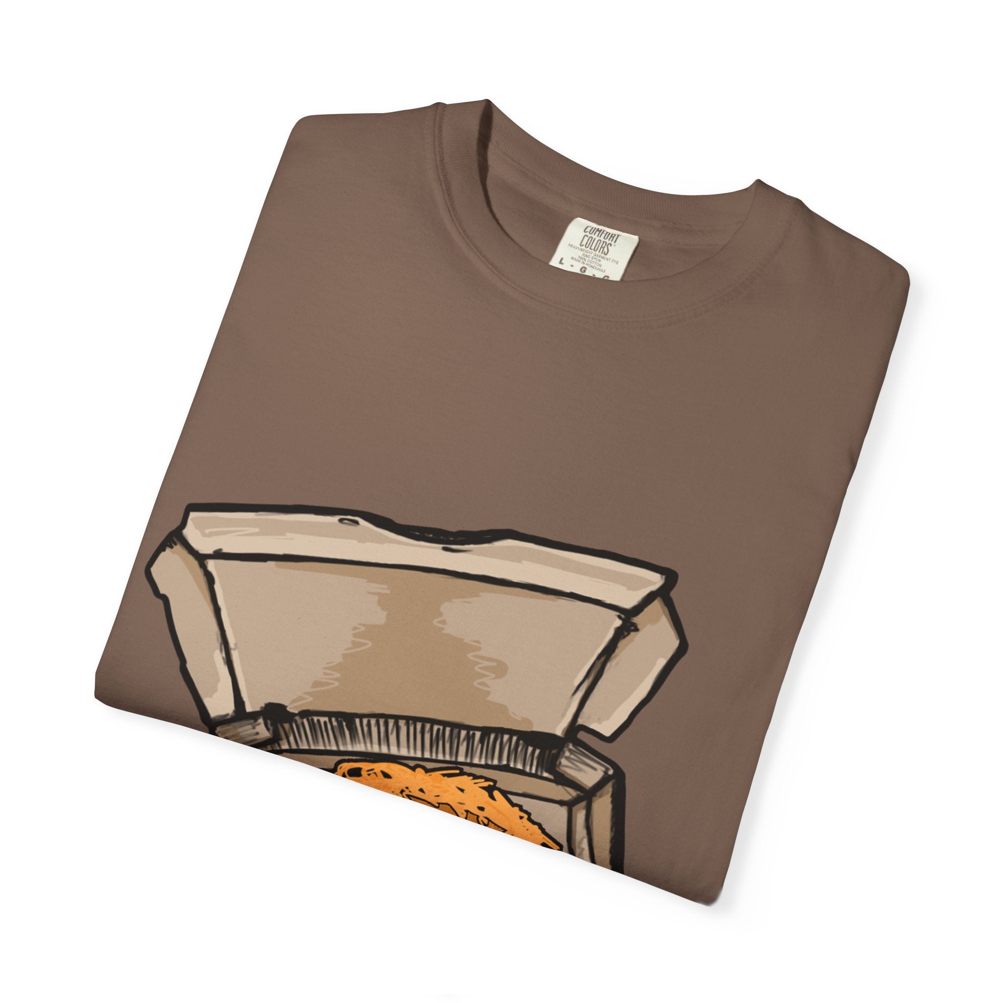 Hand-drawn bird nest pizza box t-shirt showing open pizza box with a straw nest and blue eggs from PizzaBytes collection

