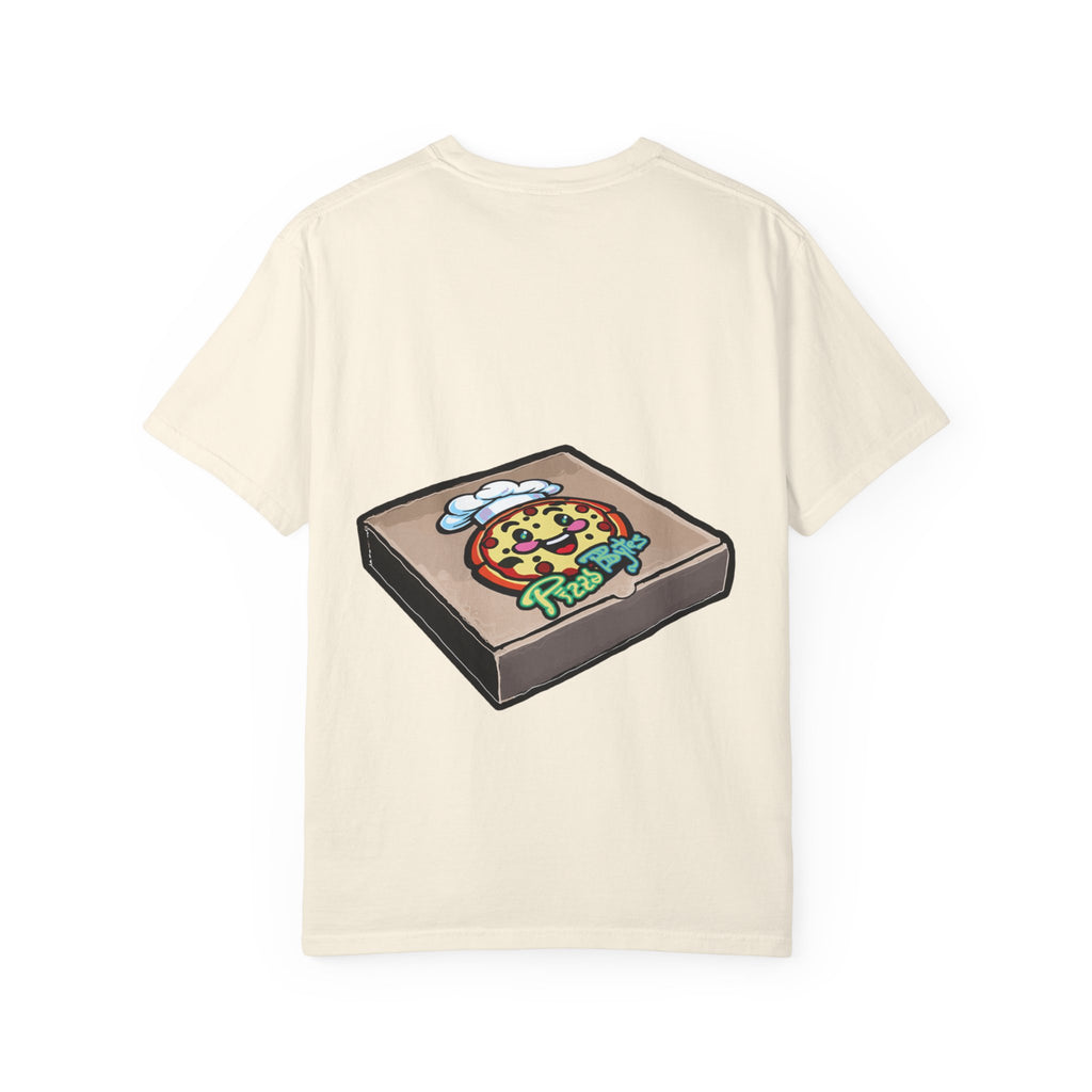 Hand-drawn swirl hypno pizza box t-shirt showing open pizza box with hypnotic spiral pattern from PizzaBytes collection
