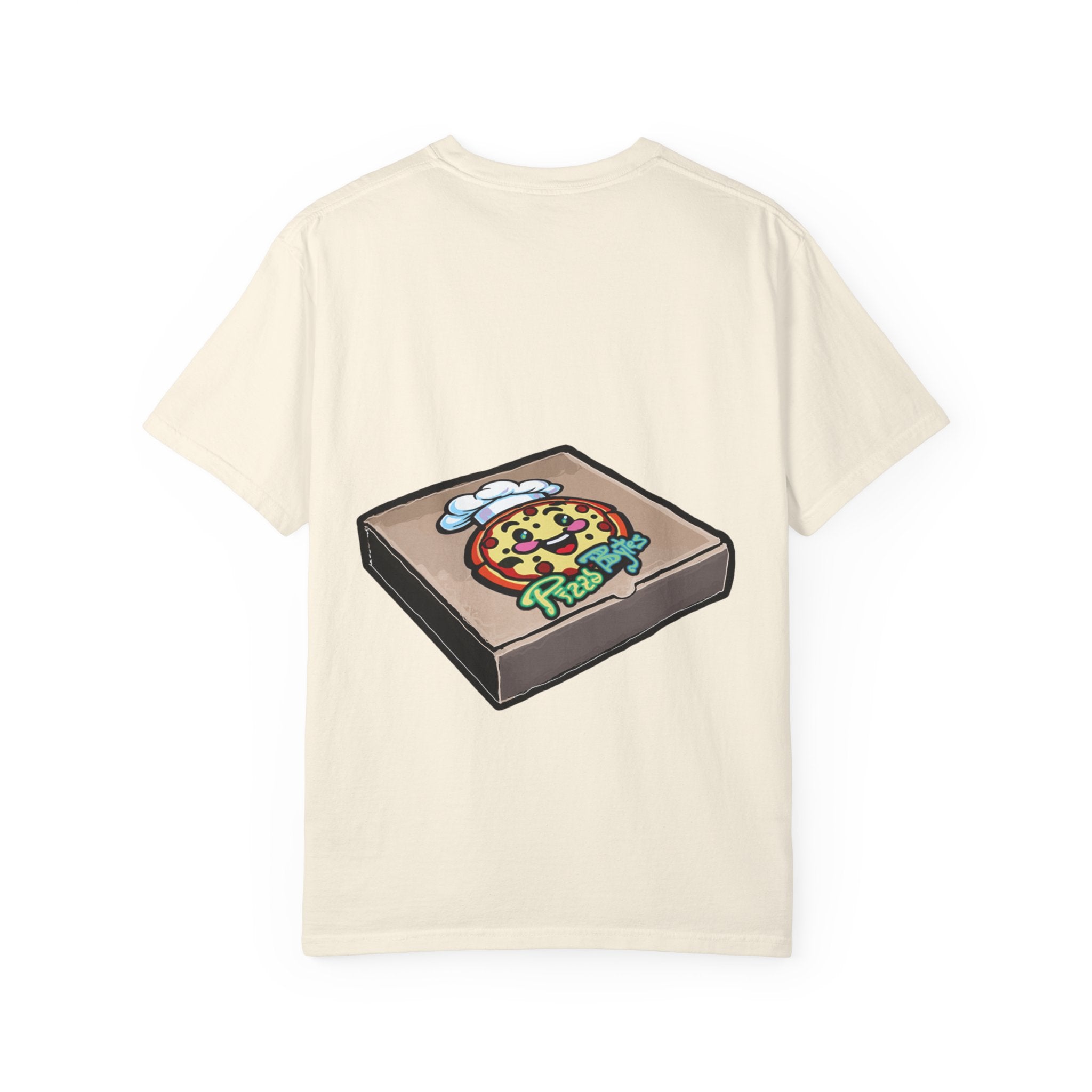Hand-drawn swirl hypno pizza box t-shirt showing open pizza box with hypnotic spiral pattern from PizzaBytes collection
