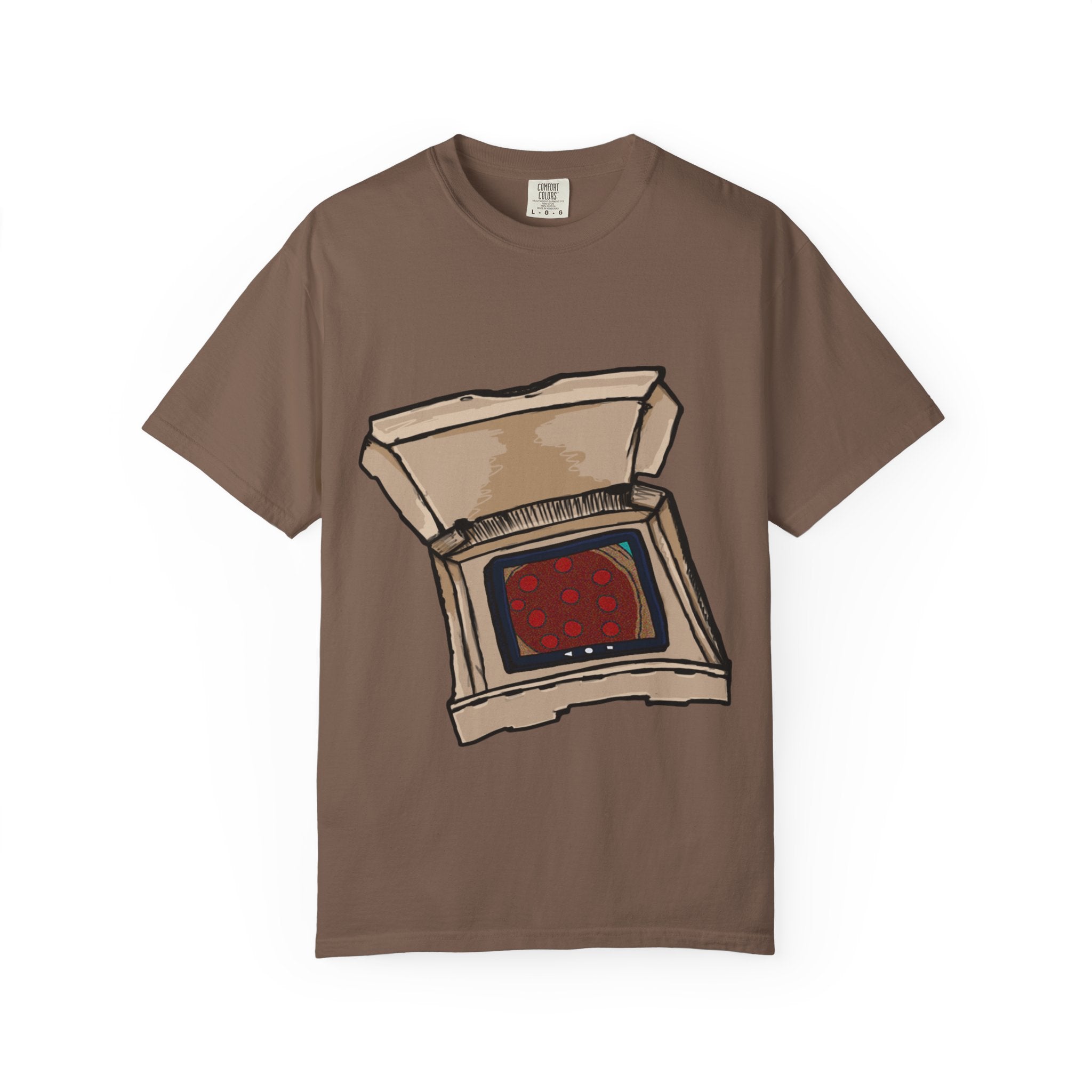 Hand-drawn TV pizza box t-shirt showing open pizza box turned into a retro television with pepperoni pizza on the screen from PizzaBytes collection

