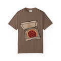 Hand-drawn classic pepperoni pizza box t-shirt showing open pizza box with pepperoni pizza from PizzaBytes collection

