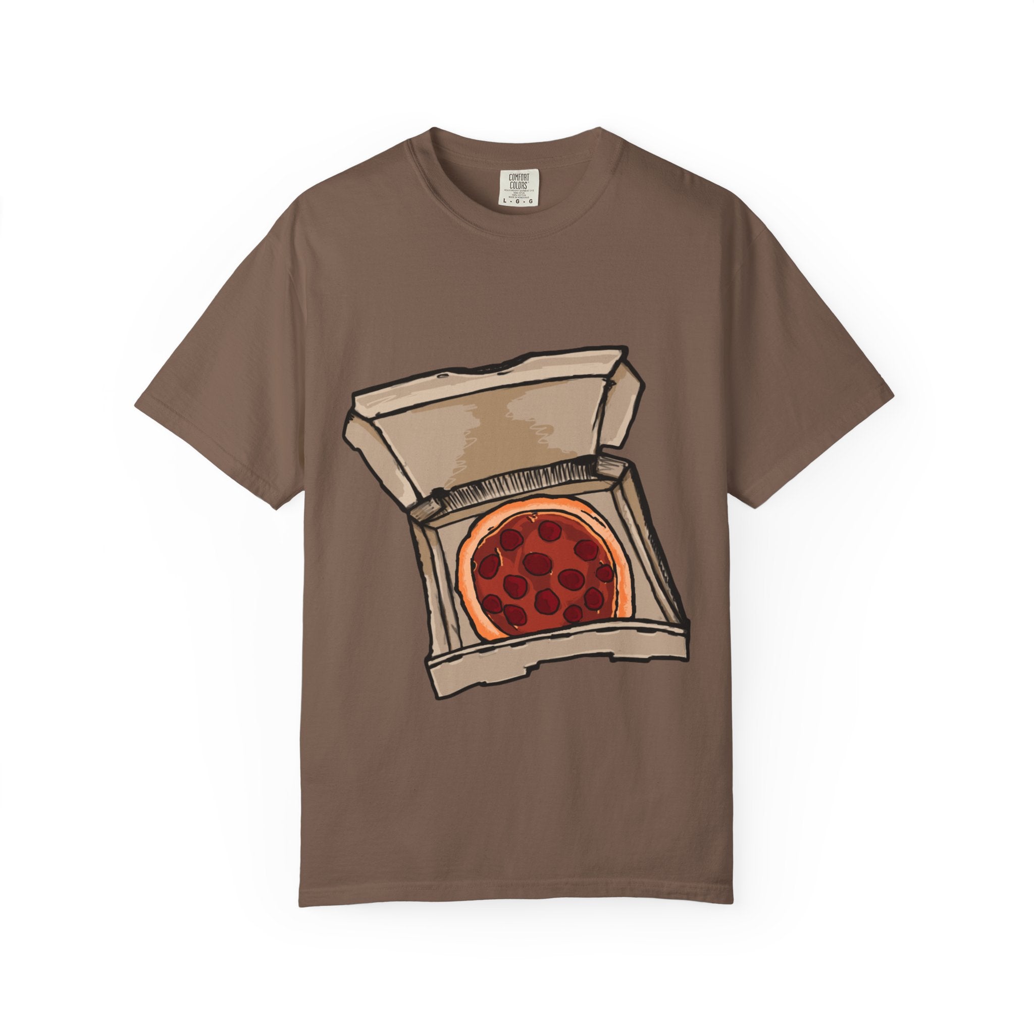 Hand-drawn classic pepperoni pizza box t-shirt showing open pizza box with pepperoni pizza from PizzaBytes collection

