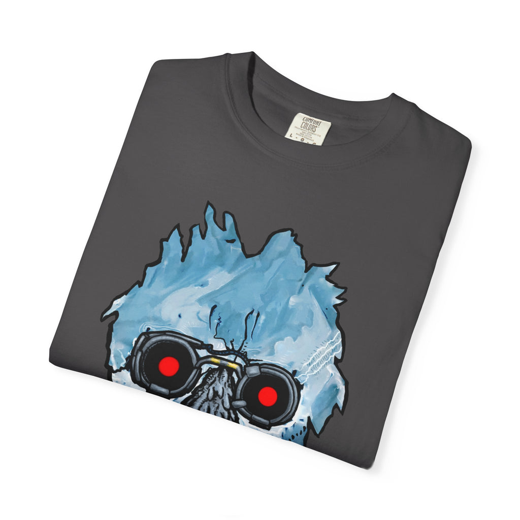 Freaky Features Iceman t-shirt, front shows frozen ice monster head with red goggles and fangs, back shows open pizza box with ice pizza inside
