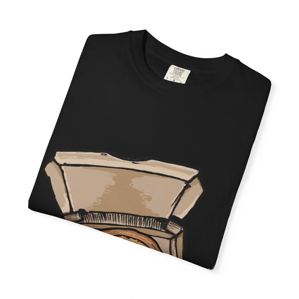 Hand-drawn noodle pizza box t-shirt showing open pizza box with pizza topped with crispy noodles from PizzaBytes collection

