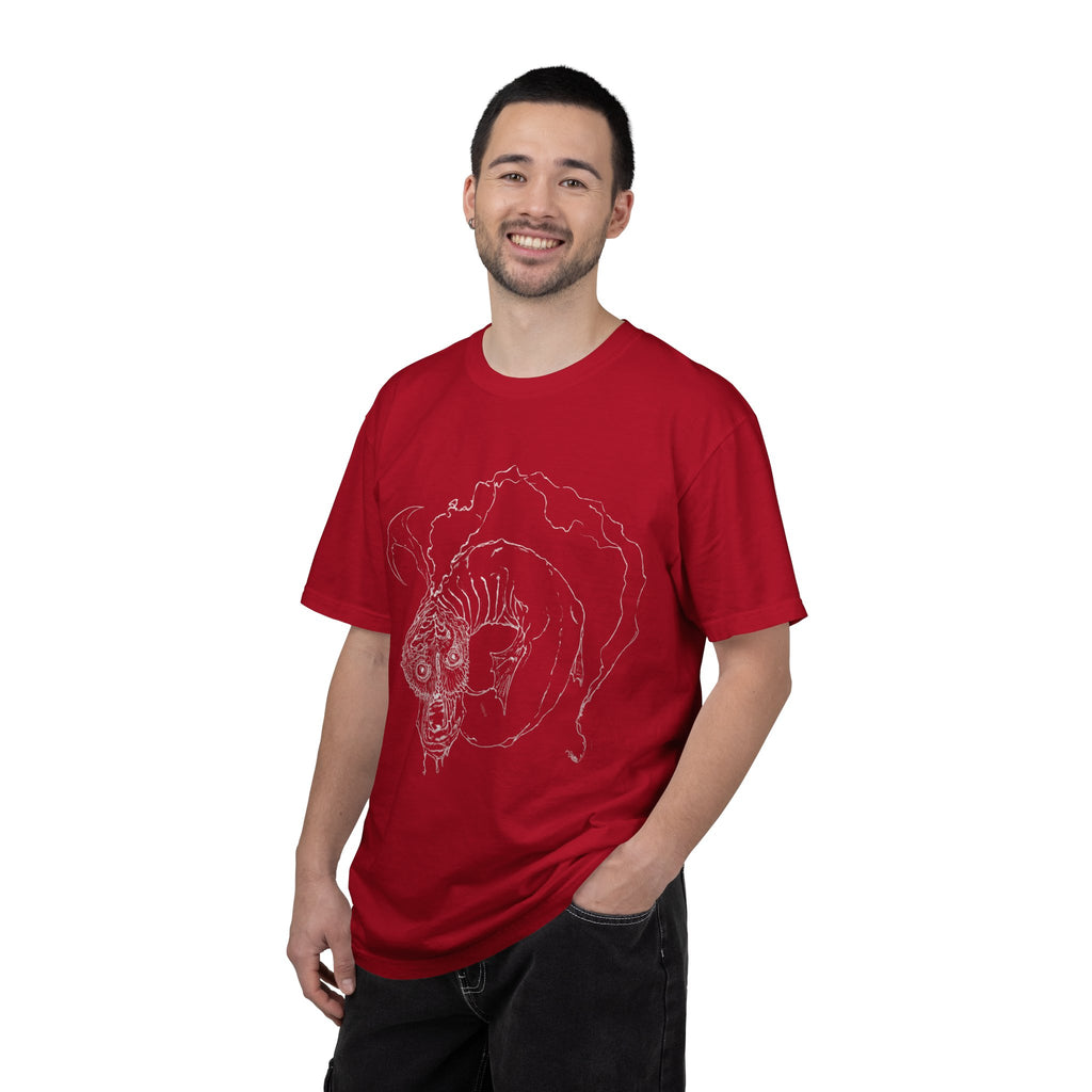 Hand-sketched Fish Monster t-shirt from Serenity Chain collection, eerie deep-sea creature with bulging eyes and flowing fins in white line art on black tee