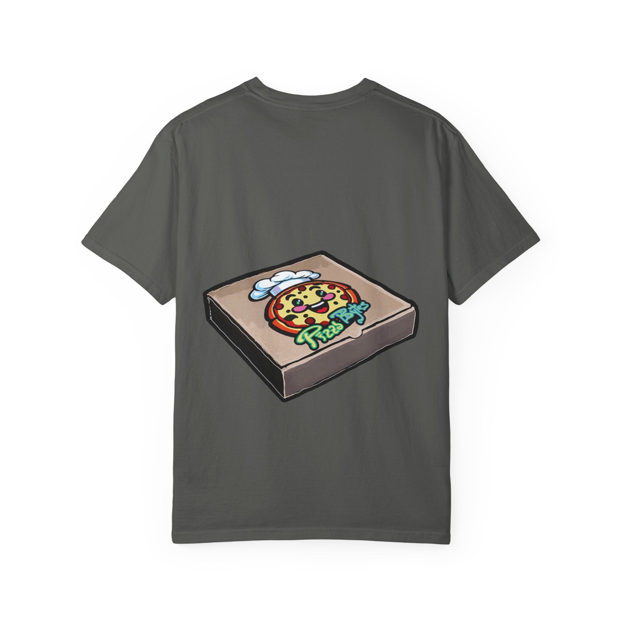 Hand-drawn cherry pie pizza box t-shirt showing open pizza box with lattice-top cherry pie from PizzaBytes collection

