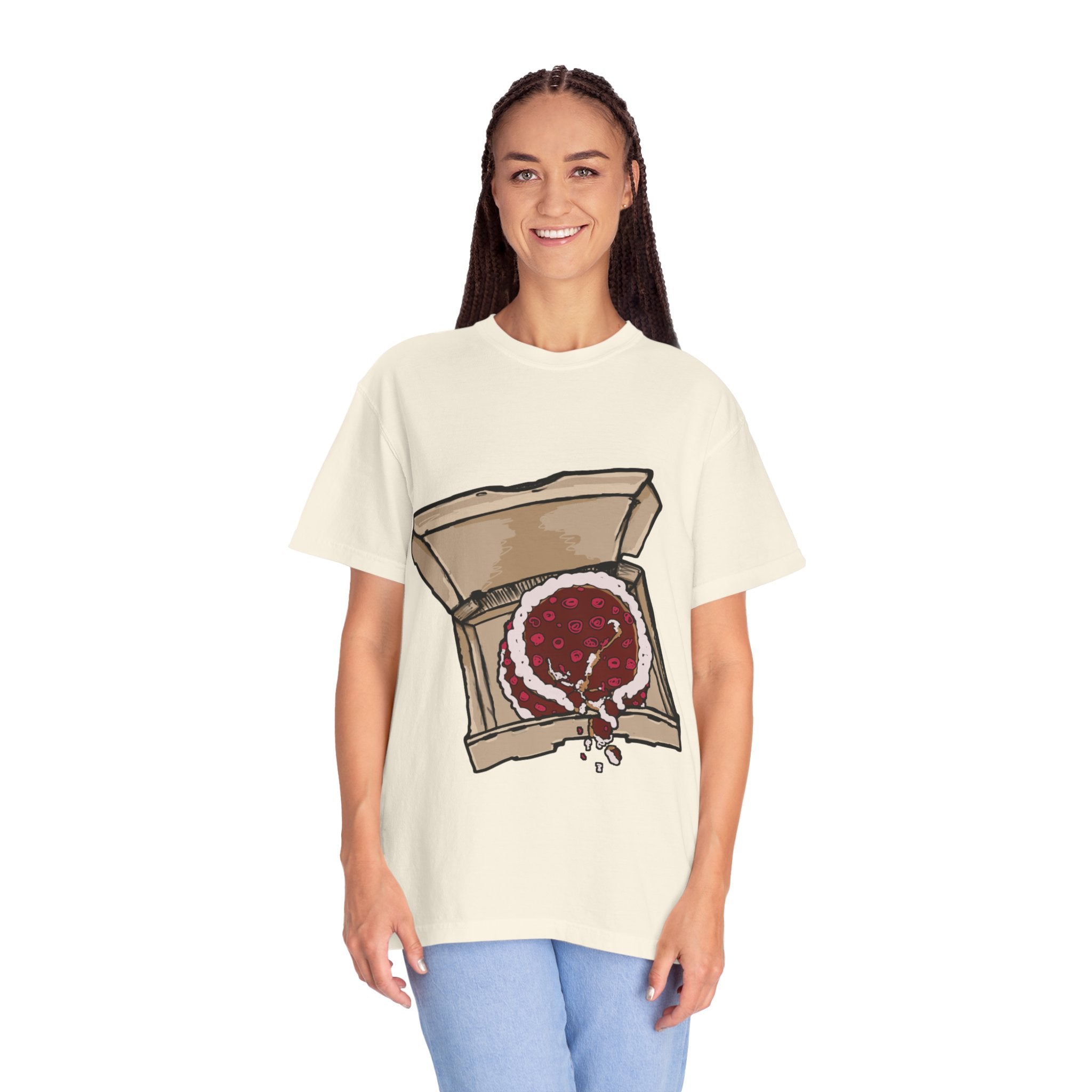 Hand-drawn cake pizza box t-shirt showing open pizza box with melting cake from PizzaBytes collection

