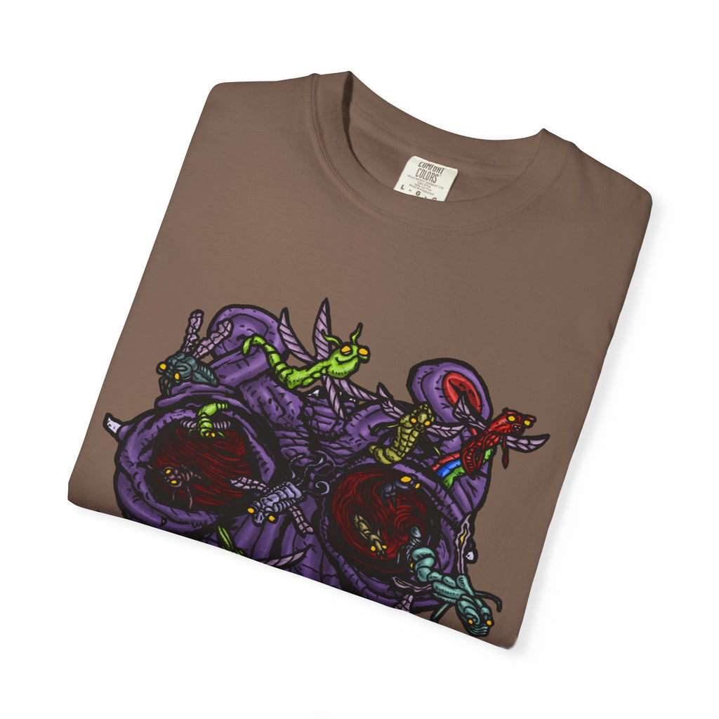 Freaky Features Alien t-shirt, front shows chaotic purple alien tentacles and insect swarm, back shows open pizza box designed as retro TV with pepperoni pizza inside

