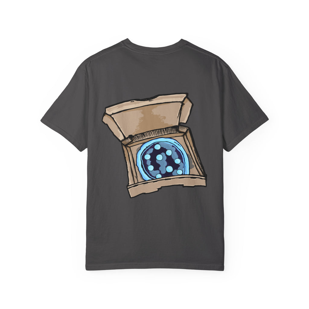 Freaky Features Iceman t-shirt, front shows frozen ice monster head with red goggles and fangs, back shows open pizza box with ice pizza inside
