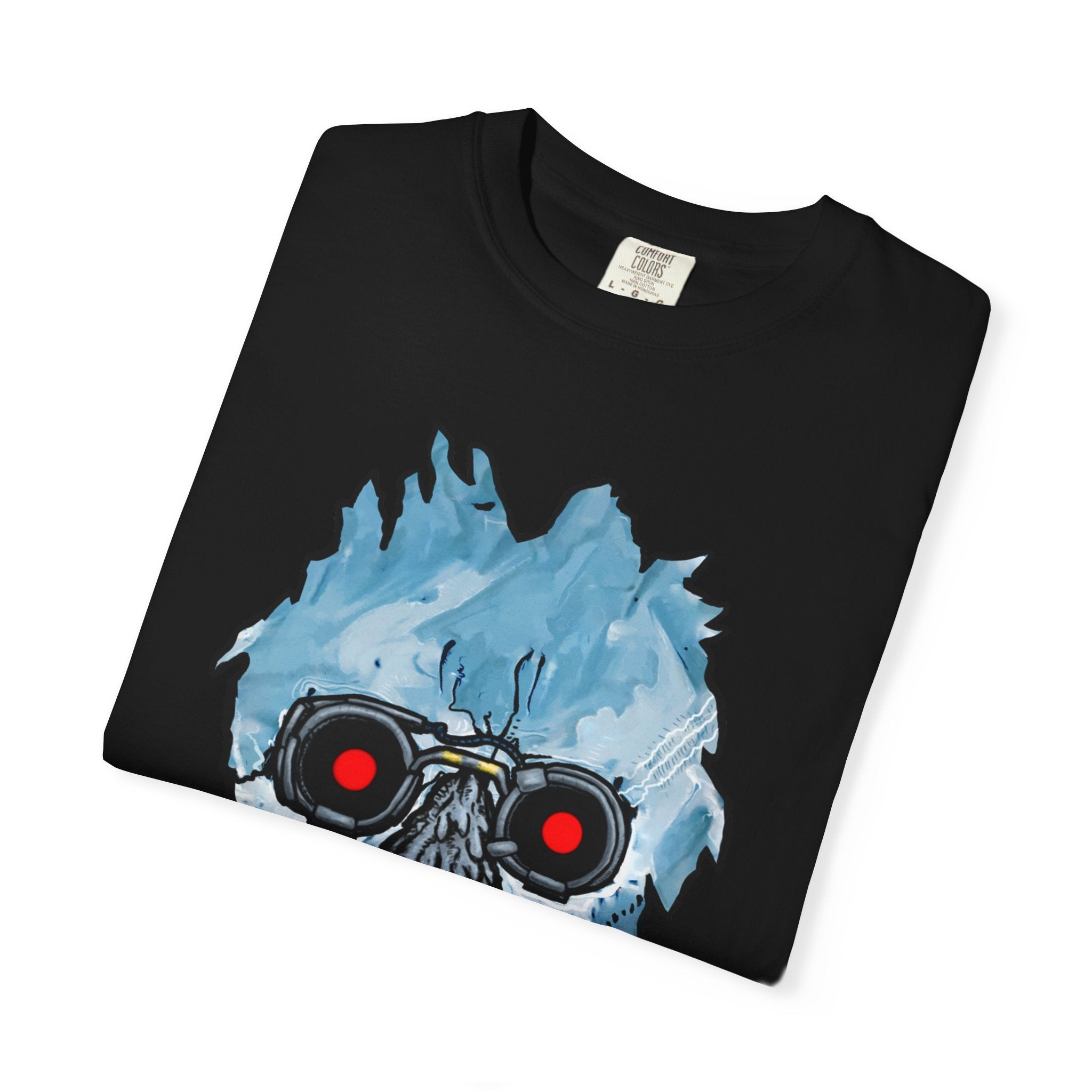 Freaky Features Iceman t-shirt, front shows frozen ice monster head with red goggles and fangs, back shows open pizza box with ice pizza inside
