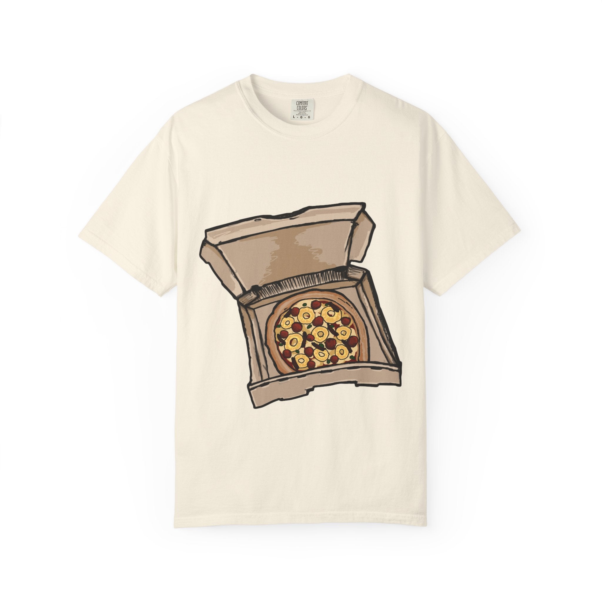 Hand-drawn pepperoni bacon pineapple pizza box t-shirt showing open pizza box with pepperoni, bacon and pineapple pizza from PizzaBytes collection

