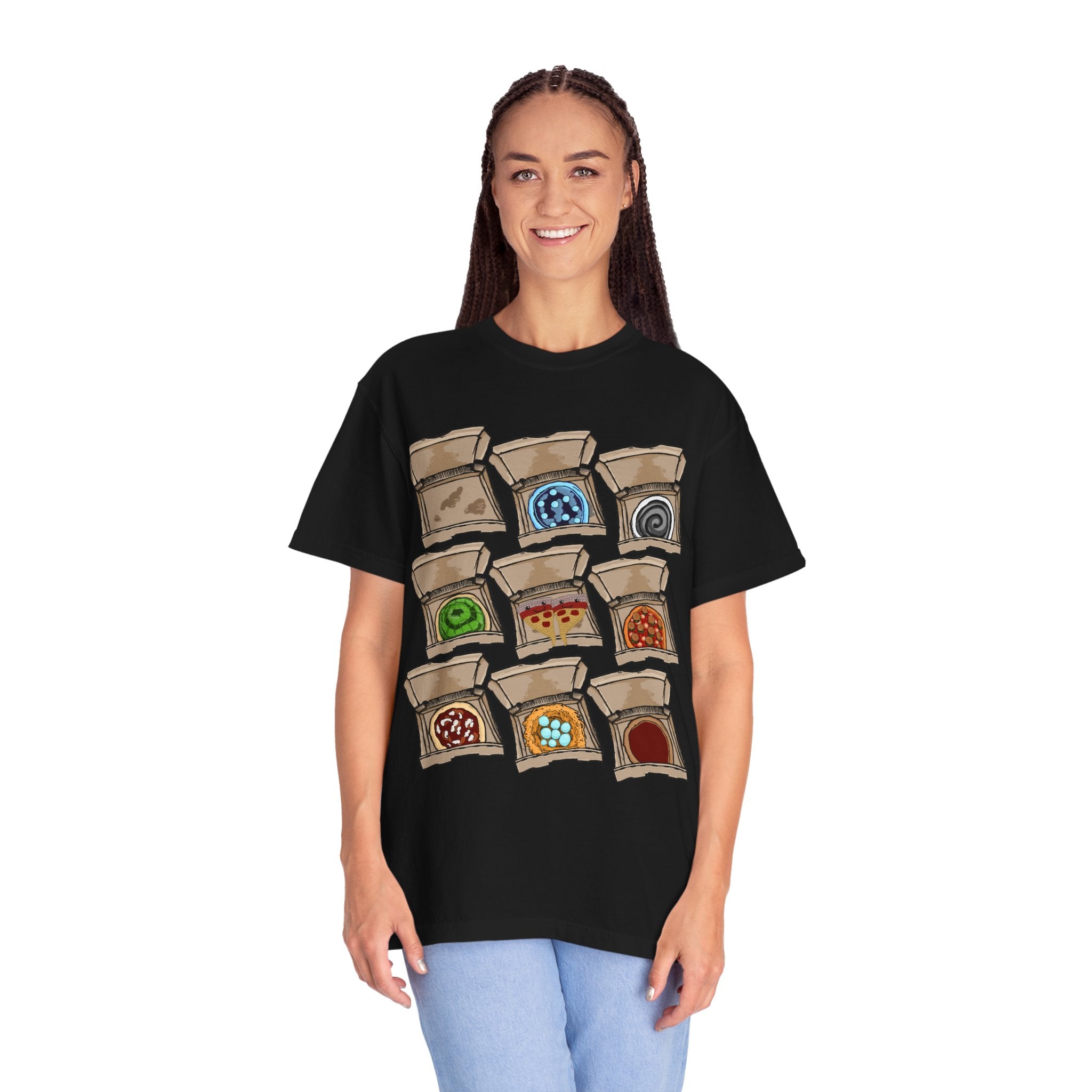 Hand-drawn PizzaBytes Set #2 t-shirt showing a 3x3 grid of open pizza boxes with various weird designs like ice pizza , jelly and bird nest from PizzaBytes collection

