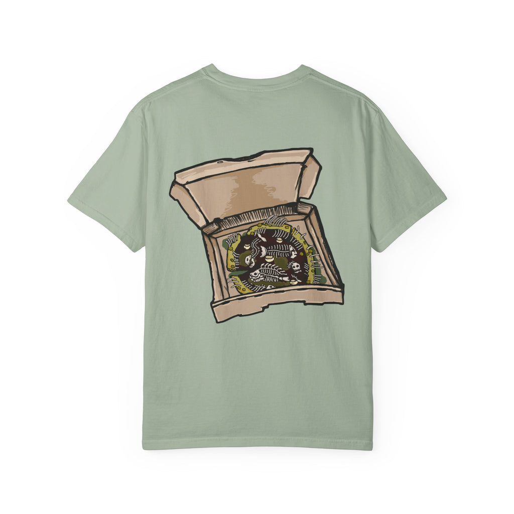 Freaky Features Fishman t-shirt, front shows grotesque fishman with orange eyes and red nose, back shows open pizza box with sewer pizza and skeletons
