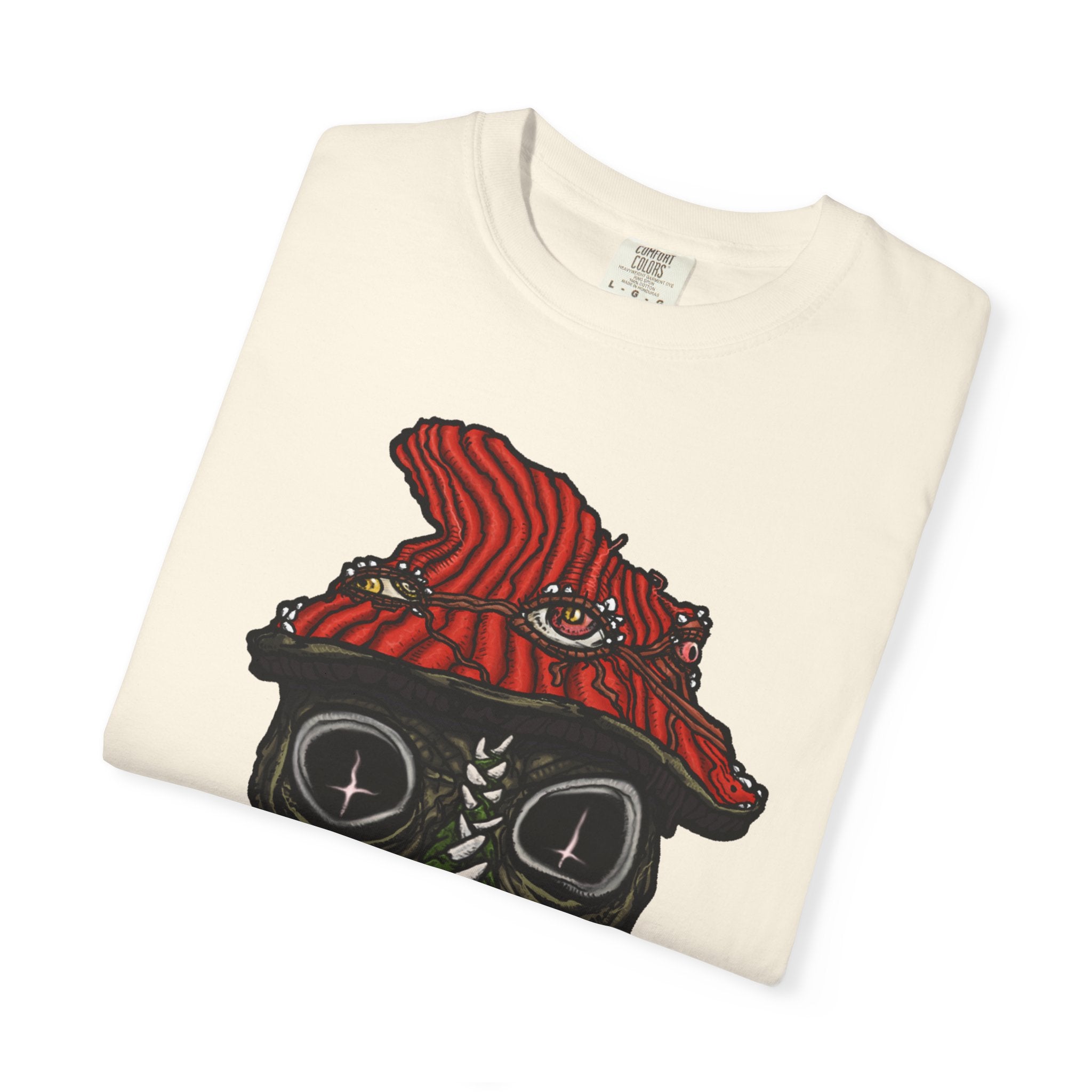 Freaky Features Mushroom Boy t-shirt, front shows grotesque mushroom skull with red cap and multiple eyes, back shows open pizza box with rainbow sprinkle donut
