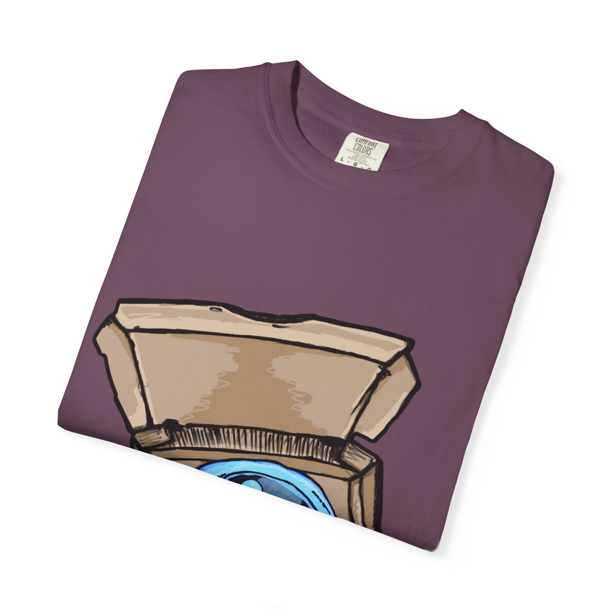 Hand-drawn ice pizza box t-shirt showing open pizza box with glowing blue ice pizza and floating orbs from PizzaBytes collection

