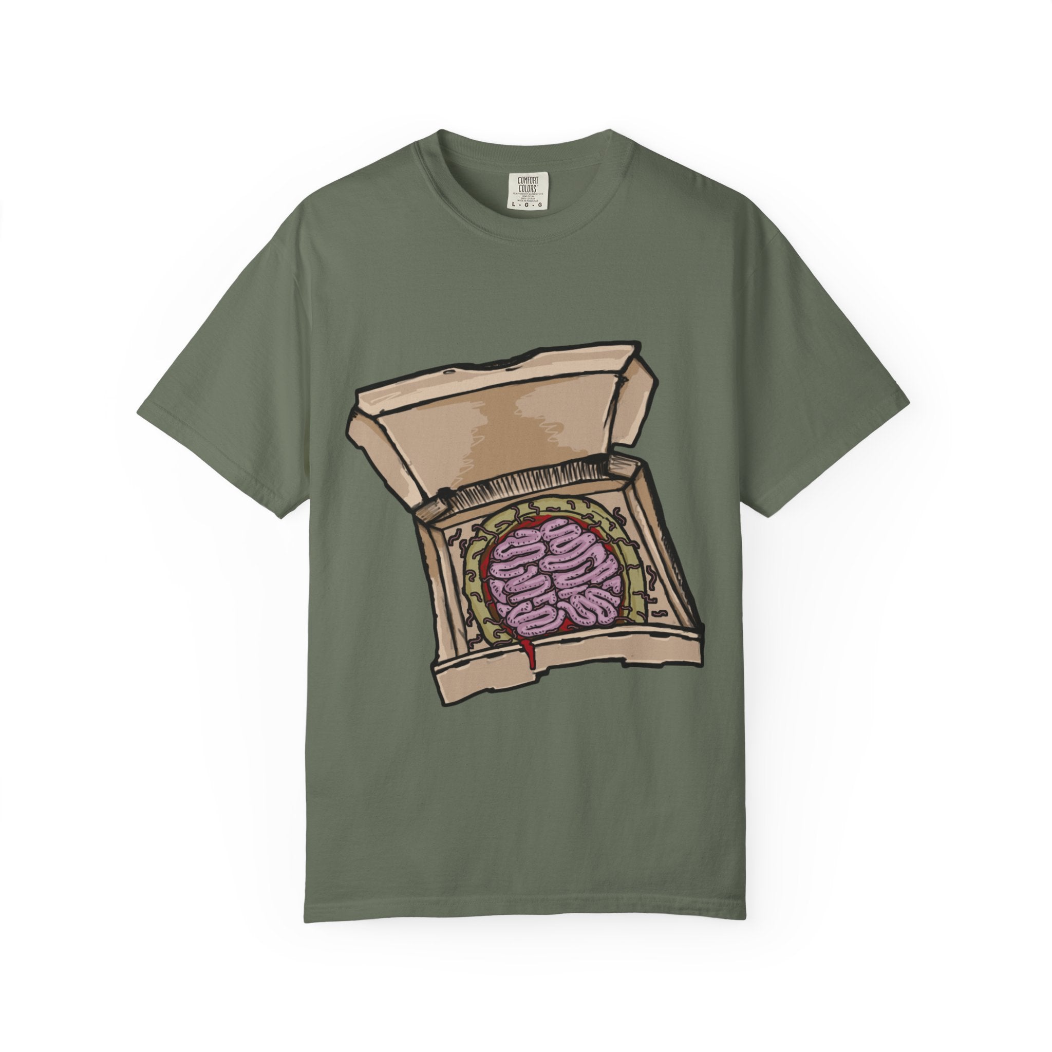 Hand-drawn brain pizza box t-shirt showing open pizza box with a detailed human brain pizza from PizzaBytes collection

