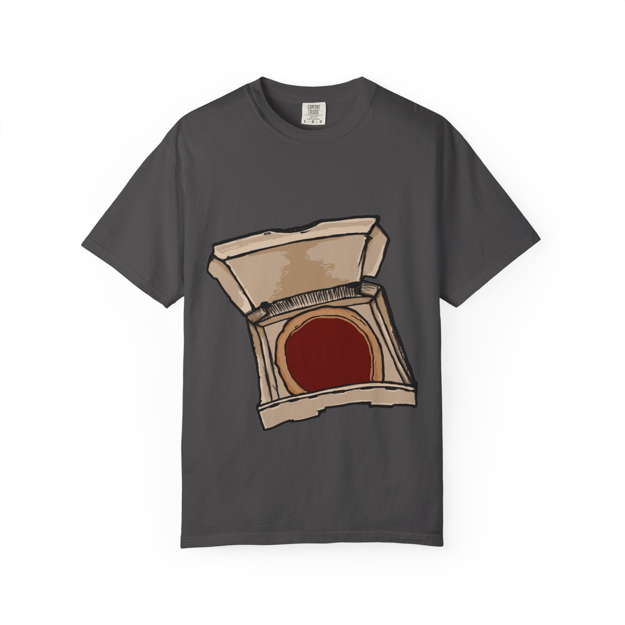 Hand-drawn red sauce pizza box t-shirt showing open pizza box with red sauce pizza from PizzaBytes collection

