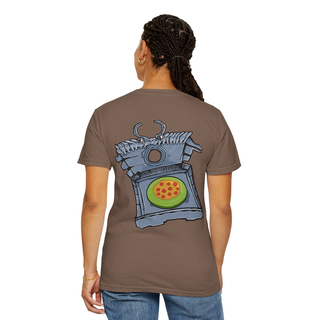 Freaky Features Franky t-shirt, front shows Frankenstein-style monster head with cucumber eyes and poison vial nose, back shows monster-headed pizza box with green pizza frisbee