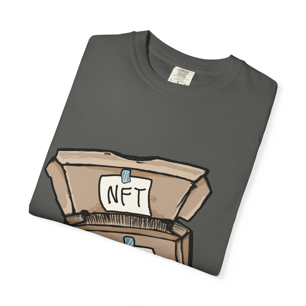 Hand-drawn NFT pizza box t-shirt showing open pizza box with NFT note and #PB pizza drawing from PizzaBytes collection

