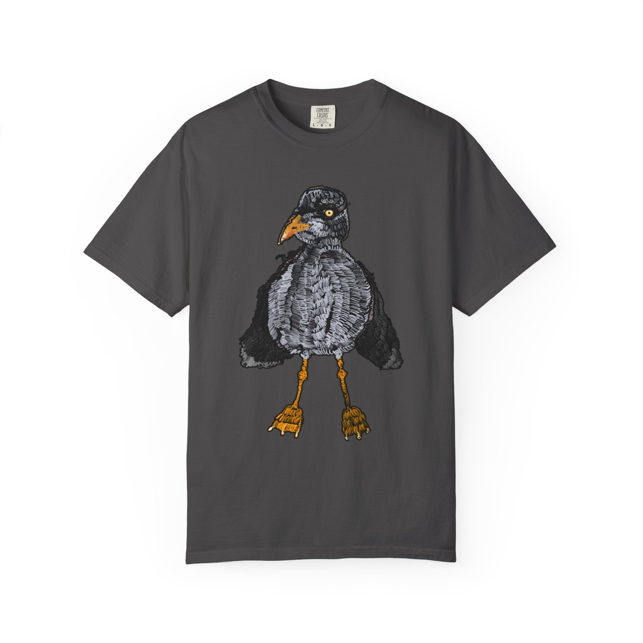 Hand-drawn crocheted staring seagull t-shirt with textured feathers, intense yellow eye and orange legs on Comfort Colors tee from PizzaBytes collection
