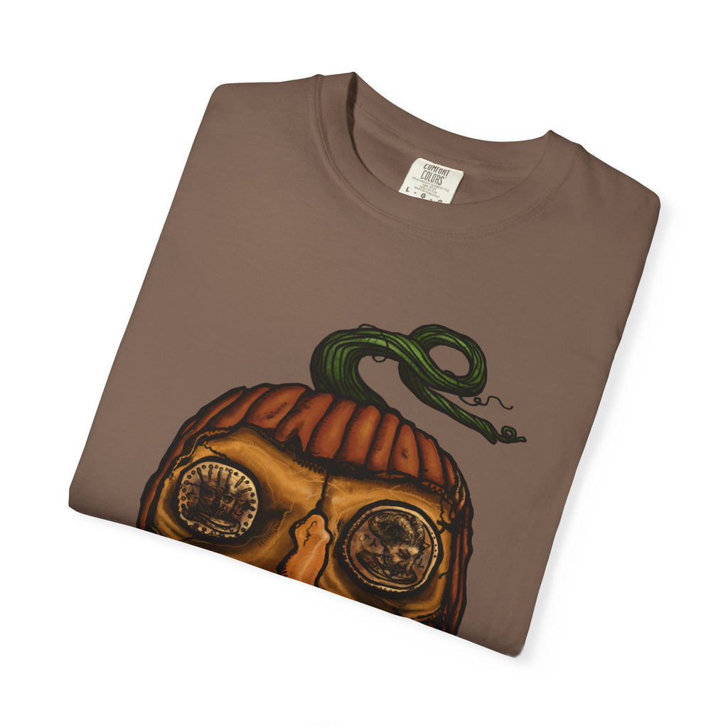 Freaky Features PumpkinJack t-shirt, front shows creepy pumpkin head with vine and candy-corn teeth, back shows open pizza box with two calzones inside