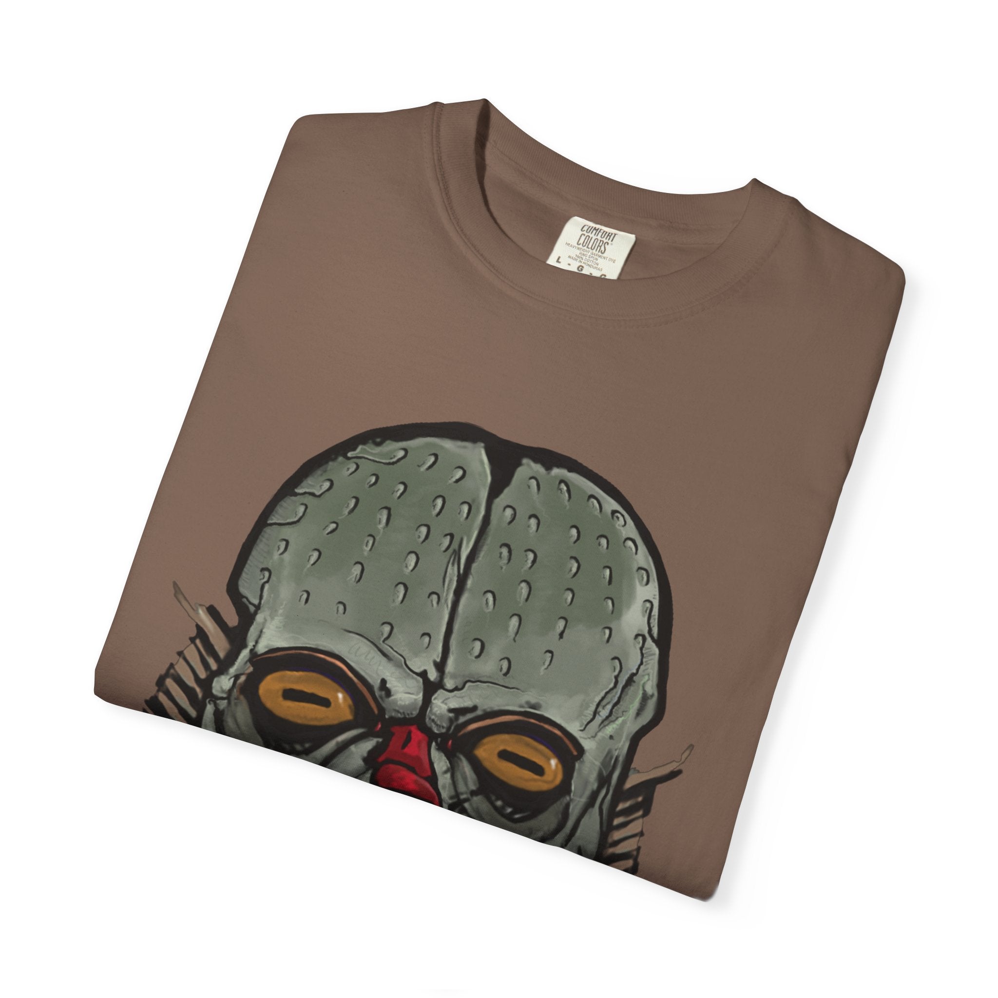 Freaky Features Fishman t-shirt, front shows grotesque fishman with orange eyes and red nose, back shows open pizza box with sewer pizza and skeletons
