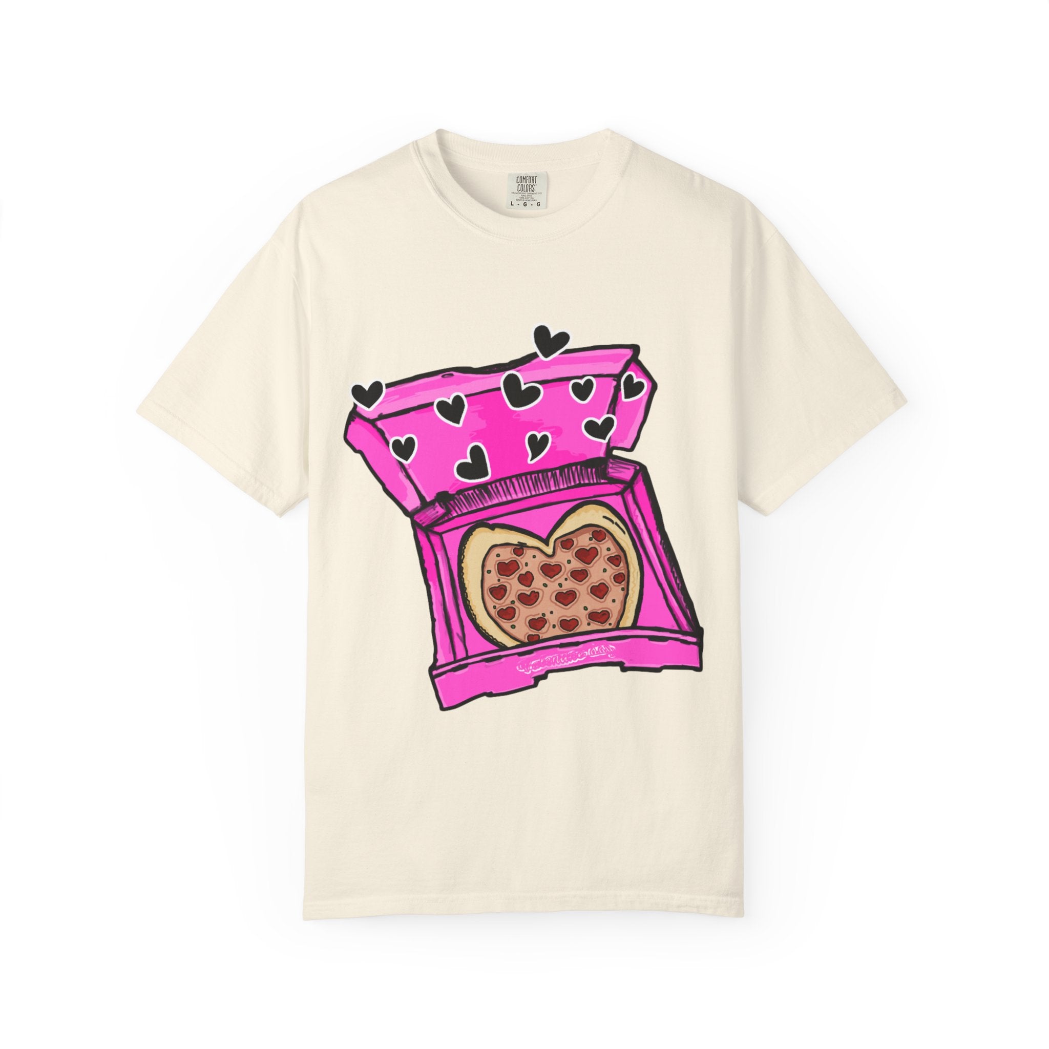 Hand-drawn heart pizza box t-shirt with pink pizza box, heart-shaped pepperoni pizza and floating black hearts on Comfort Color tee from PizzaBytes collection

