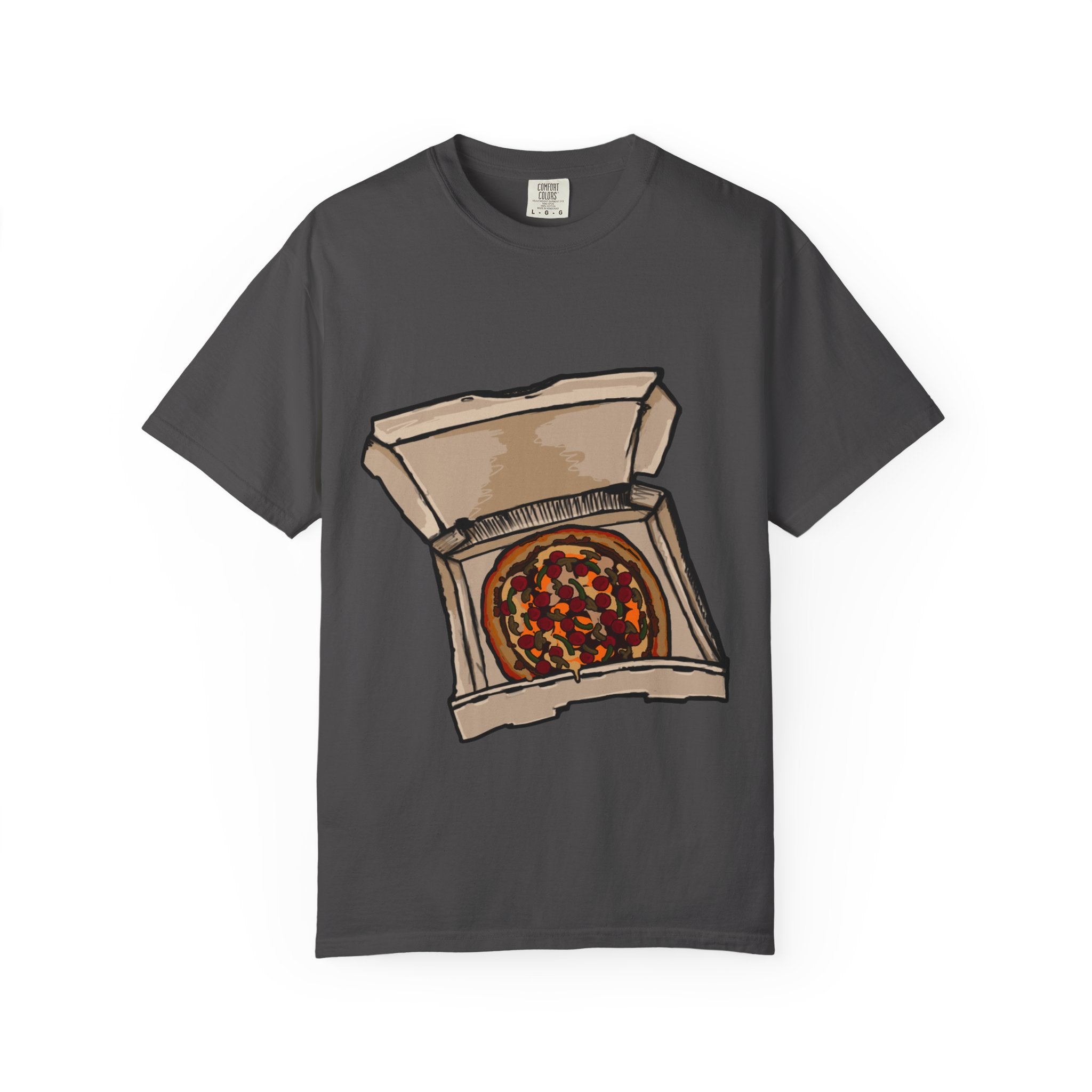 Hand-drawn pepperoni green pepper mushroom pizza box t-shirt showing open pizza box with pepperoni, green pepper and mushroom pizza from PizzaBytes collection

