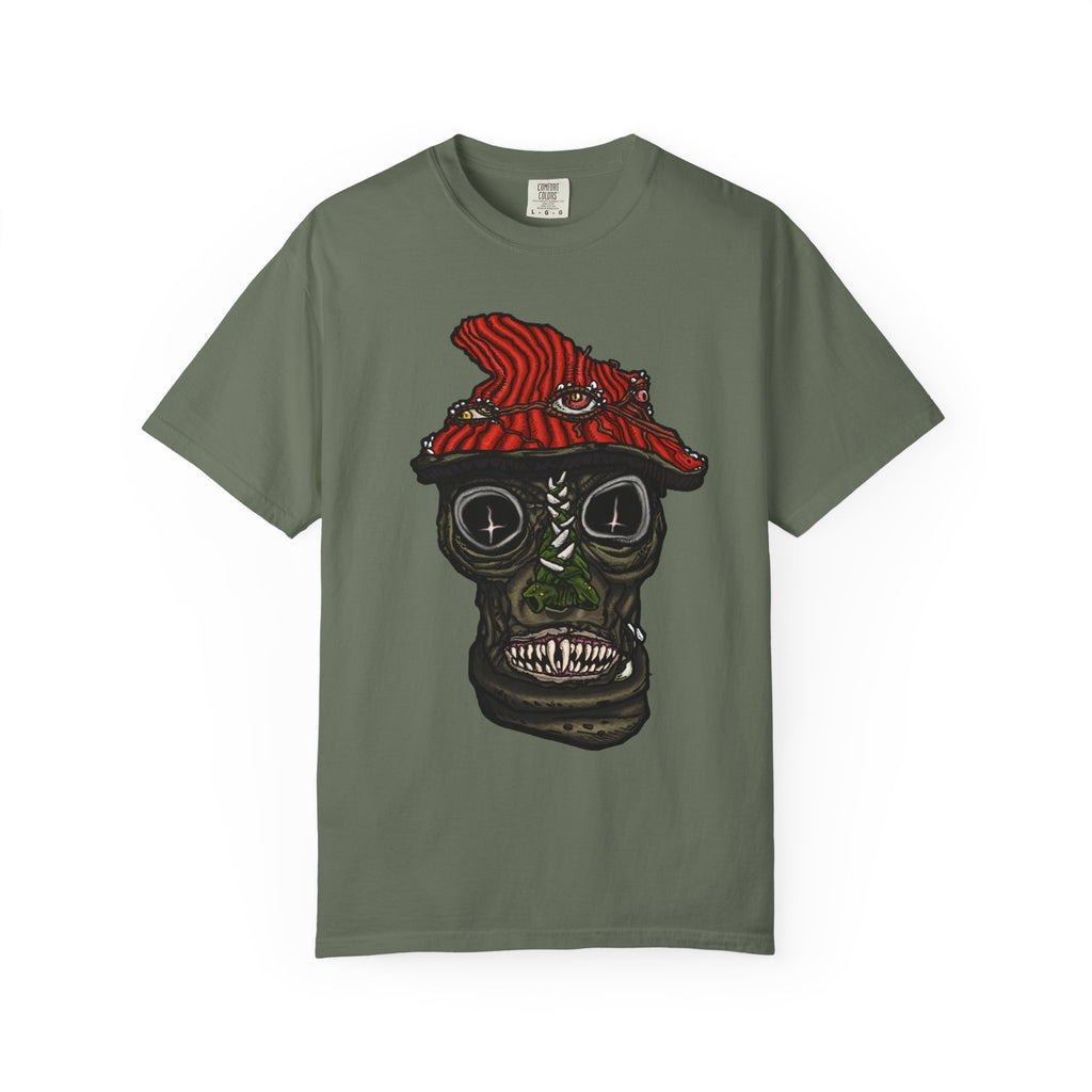 Freaky Features Mushroom Boy t-shirt, front shows grotesque mushroom skull with red cap and multiple eyes, back shows open pizza box with rainbow sprinkle donut
