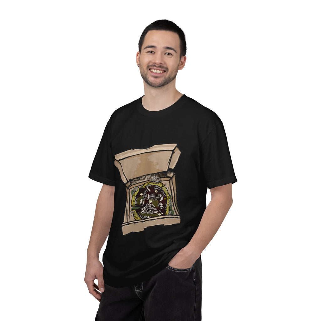 Hand-drawn sewer pizza box t-shirt showing open pizza box with skeletons, bones and green sludge pizza from PizzaBytes collection

