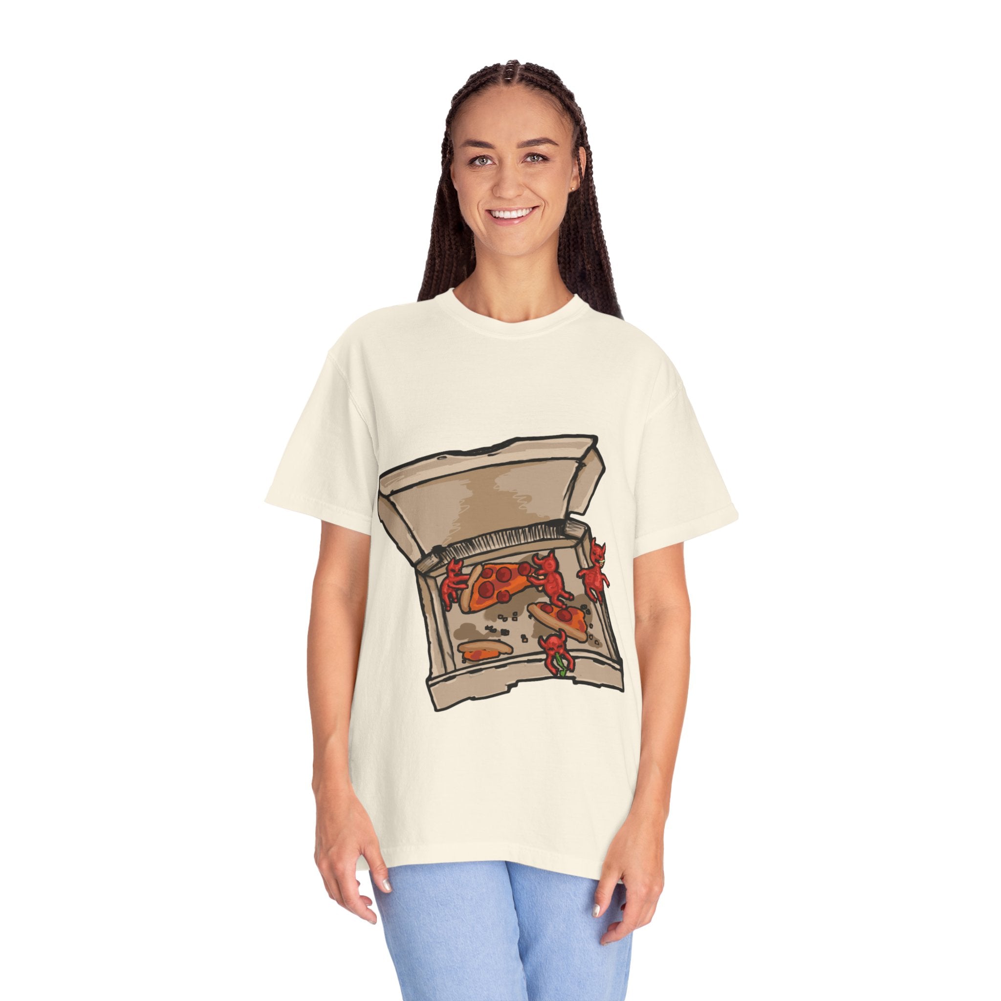 Hand-drawn little devils pizza box t-shirt showing open pizza box with cute red devils eating and stealing pepperoni pizza slices from PizzaBytes collection

