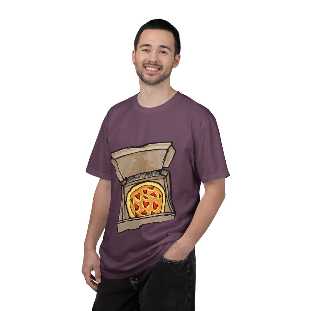 Hand-drawn gold pizza box t-shirt showing open pizza box with gold pizza and red diamond toppings from PizzaBytes collection

