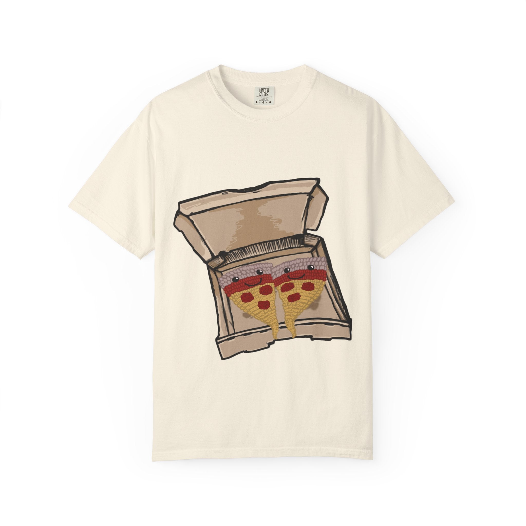 Hand-drawn knitted pizza slices t-shirt showing open pizza box with two smiling knitted pepperoni pizza slices from PizzaBytes collection

