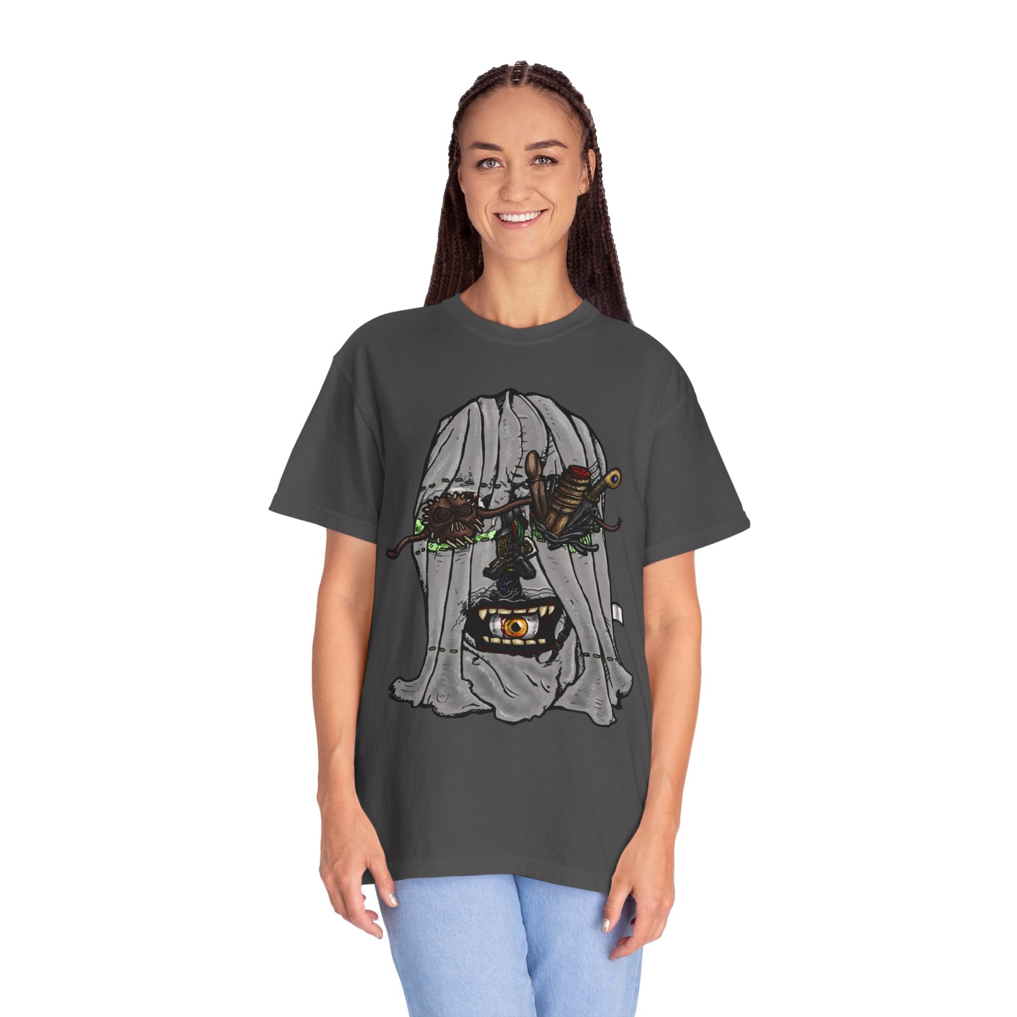 Freaky Features Ghost t-shirt, front shows creepy ghost hood with weapons and screaming eye mouth, back shows open pizza box with floating ghost face
