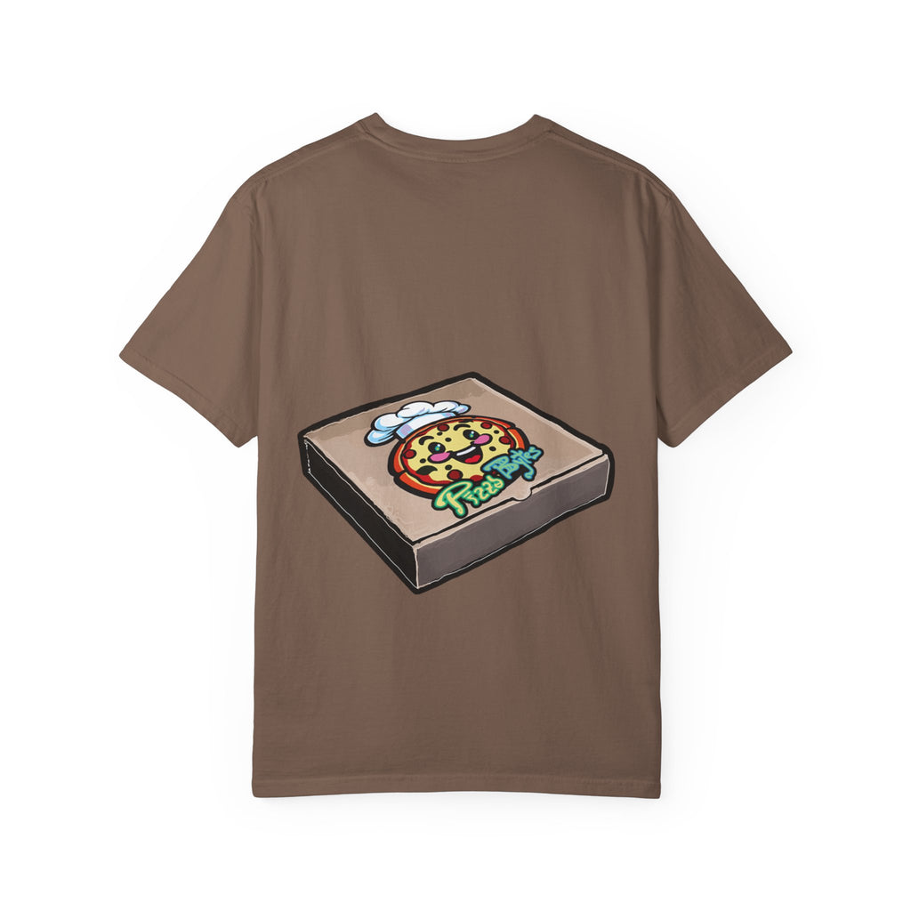 Hand-drawn crocheted staring seagull t-shirt with textured feathers, intense yellow eye and orange legs on Comfort Colors tee from PizzaBytes collection
