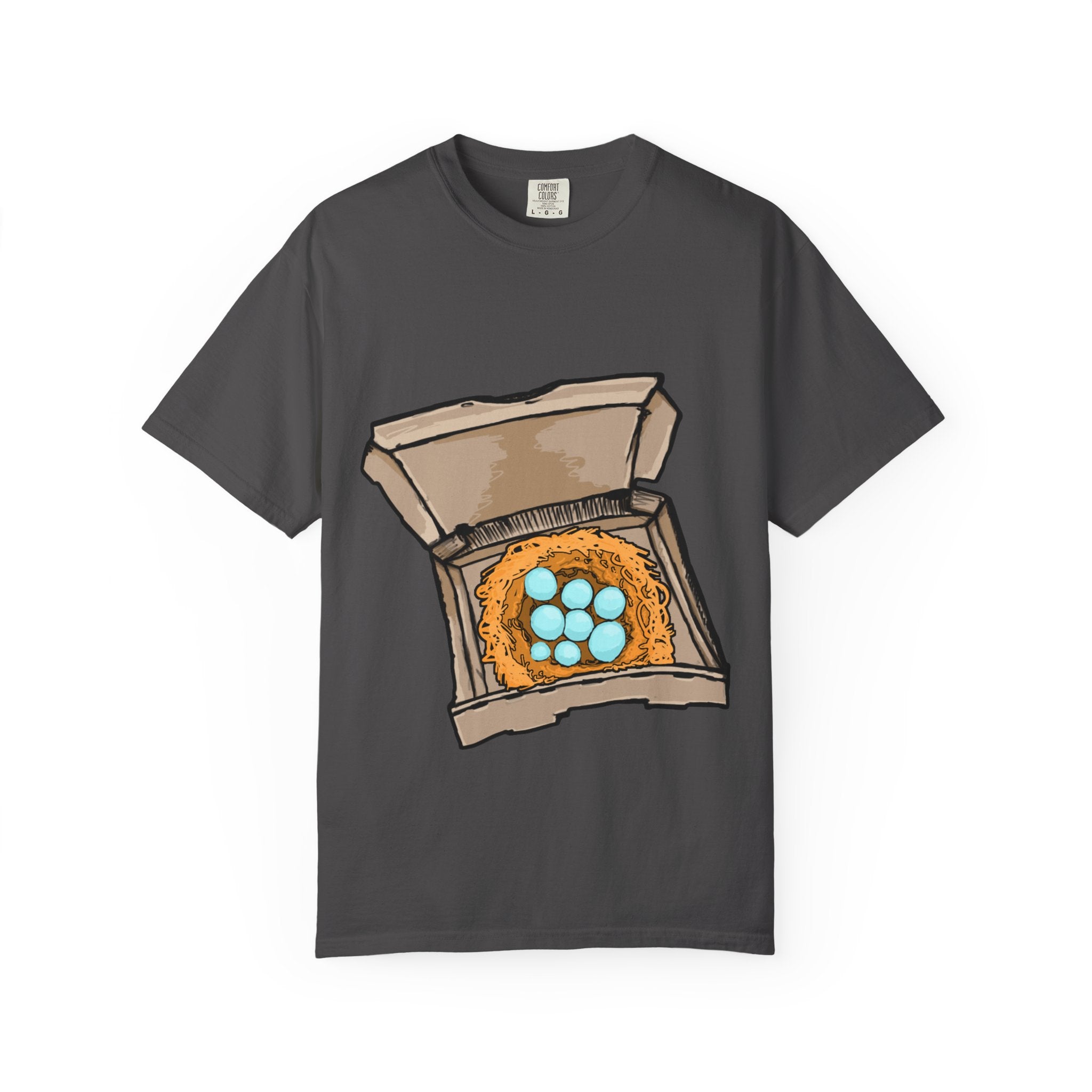Hand-drawn bird nest pizza box t-shirt showing open pizza box with a straw nest and blue eggs from PizzaBytes collection


