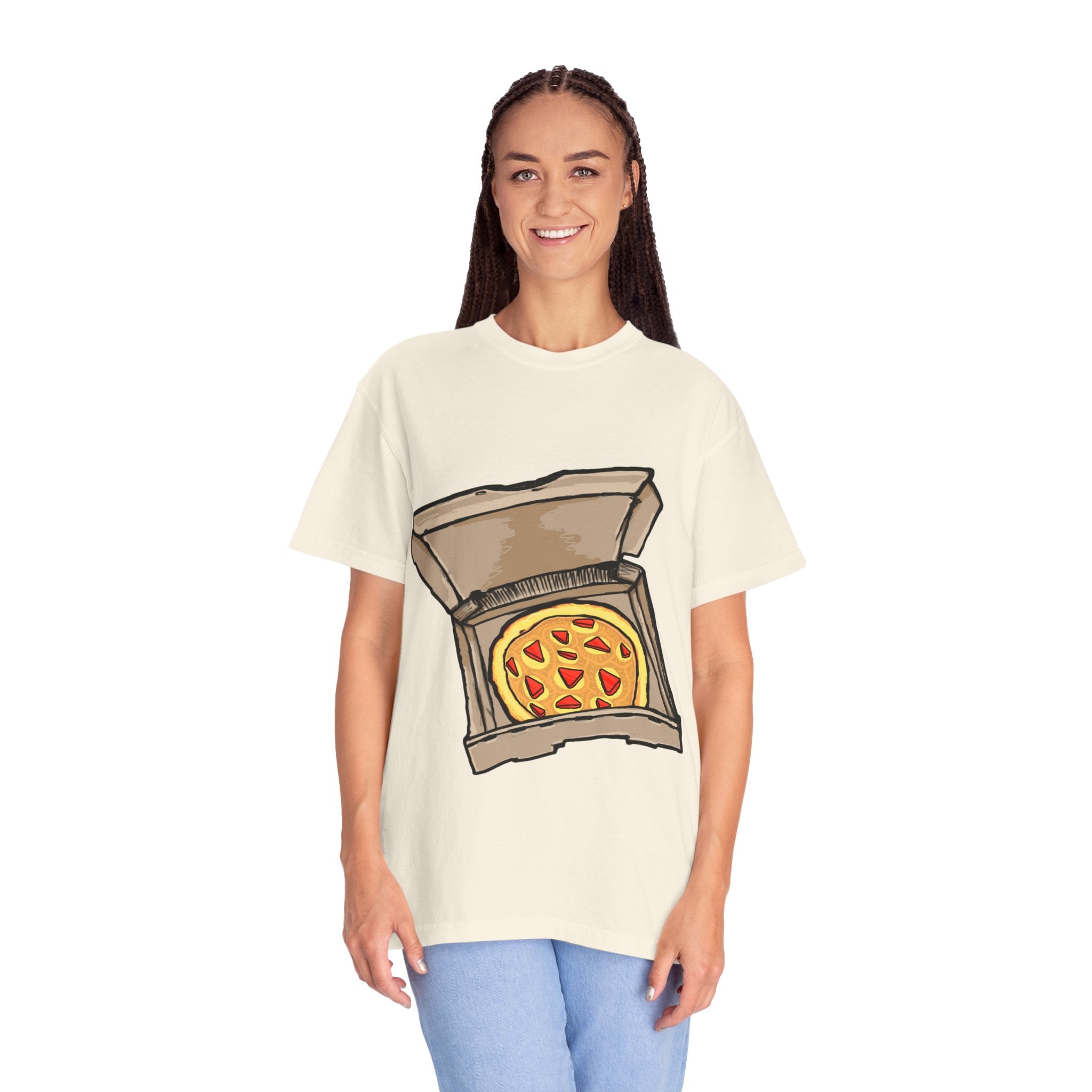 Hand-drawn gold pizza box t-shirt showing open pizza box with gold pizza and red diamond toppings from PizzaBytes collection

