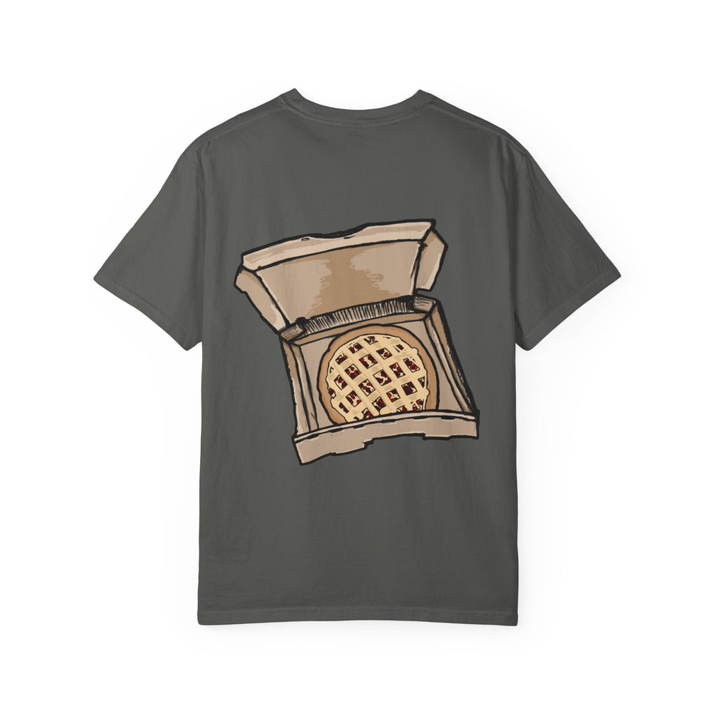 Freaky Features Scarecrow t-shirt, front shows creepy scarecrow head with witch hat and mismatched eyes, back shows open pizza box with lattice cherry pie
