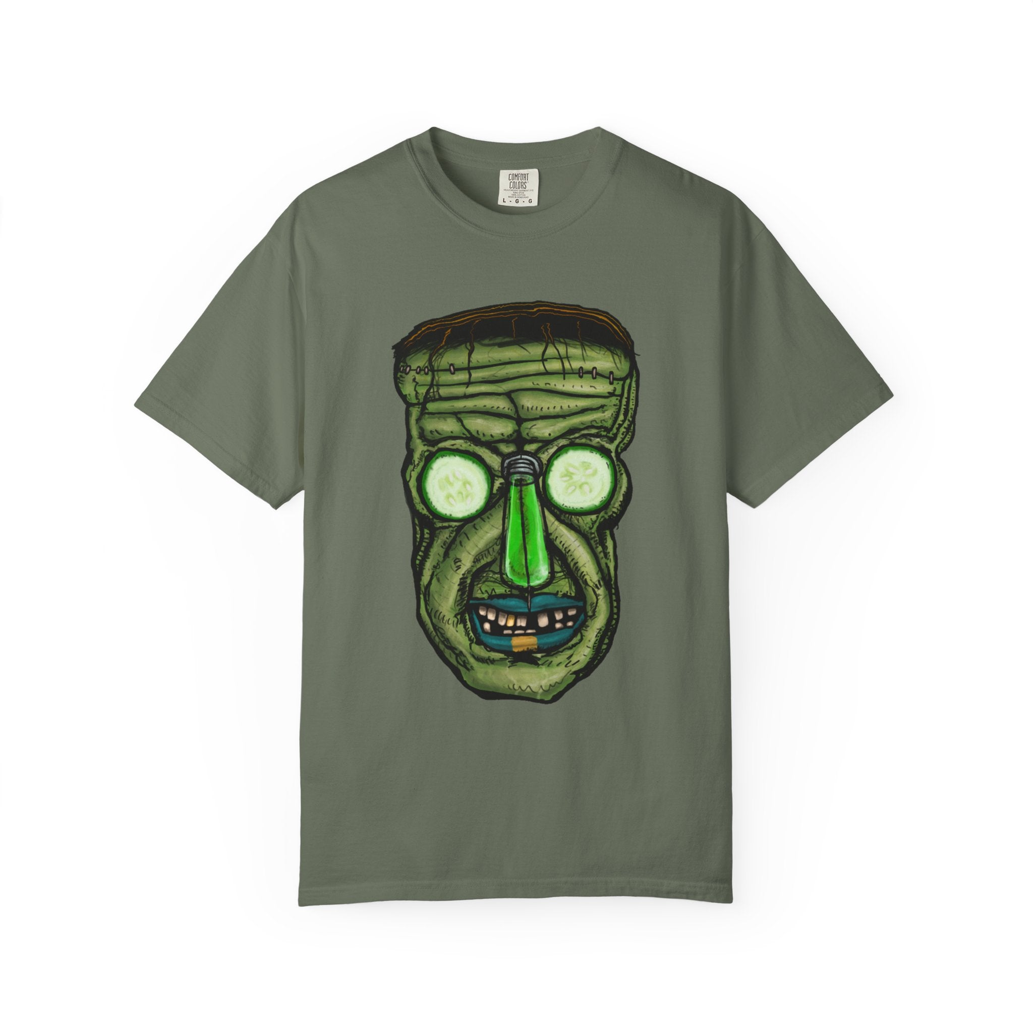 Freaky Features Franky t-shirt, front shows Frankenstein-style monster head with cucumber eyes and poison vial nose, back shows monster-headed pizza box with green pizza frisbee