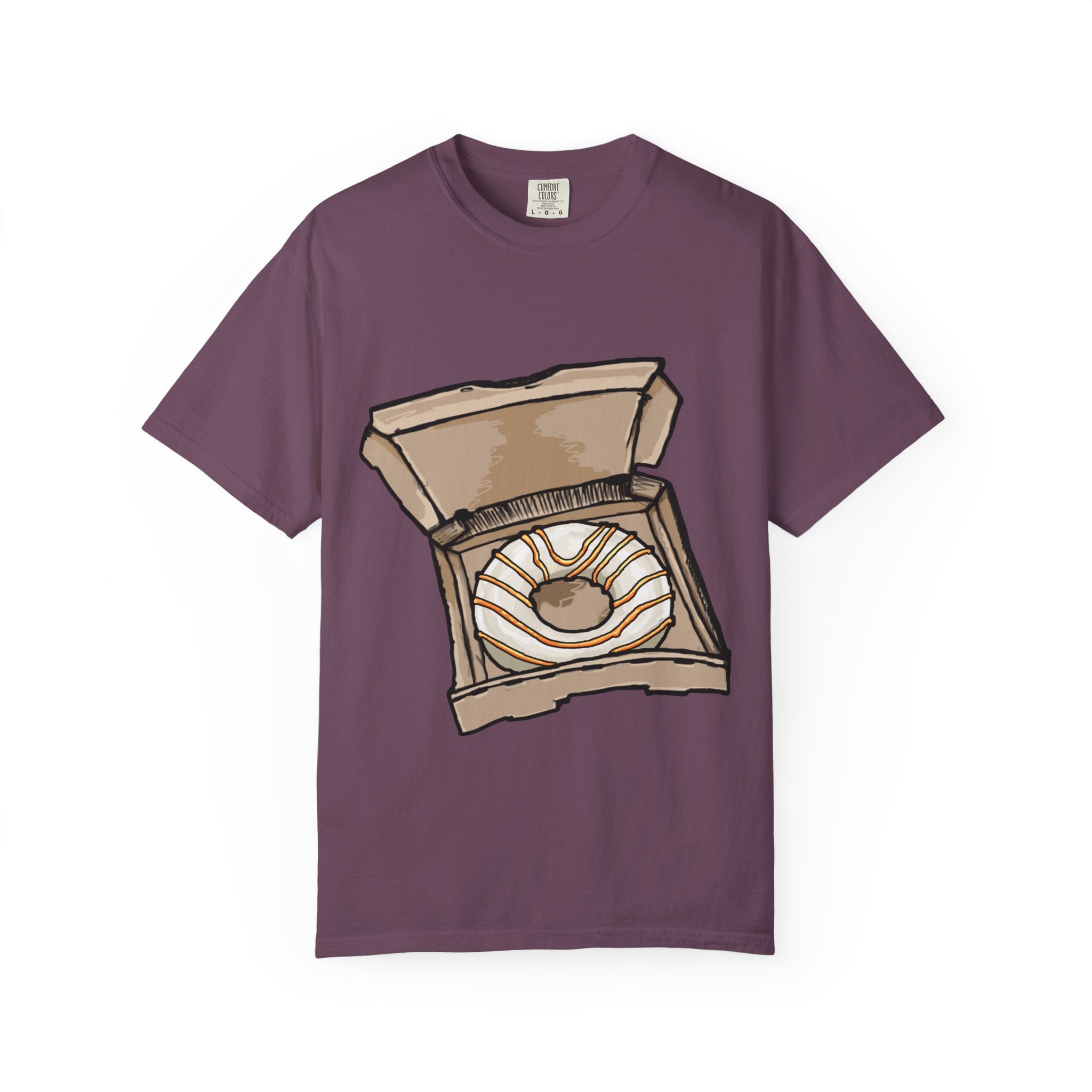 Hand-drawn donut pizza box t-shirt showing open pizza box with white-iced donut and orange drizzle from PizzaBytes collection

