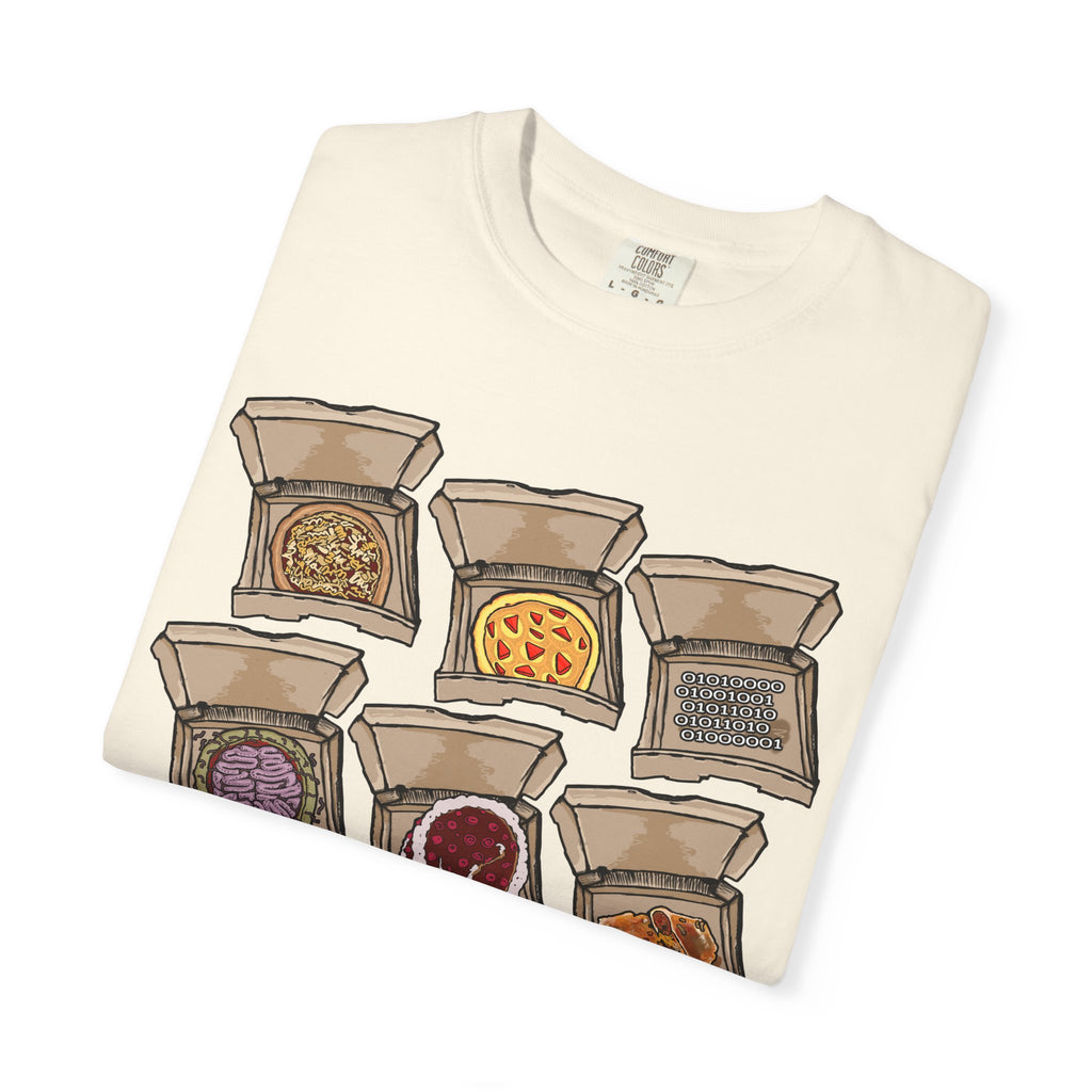 Hand-drawn PizzaBytes Set #1 t-shirt showing a 3x3 grid of open pizza boxes with brain pizza, ghost pizza, donut, binary code and more weird designs from PizzaBytes collection

