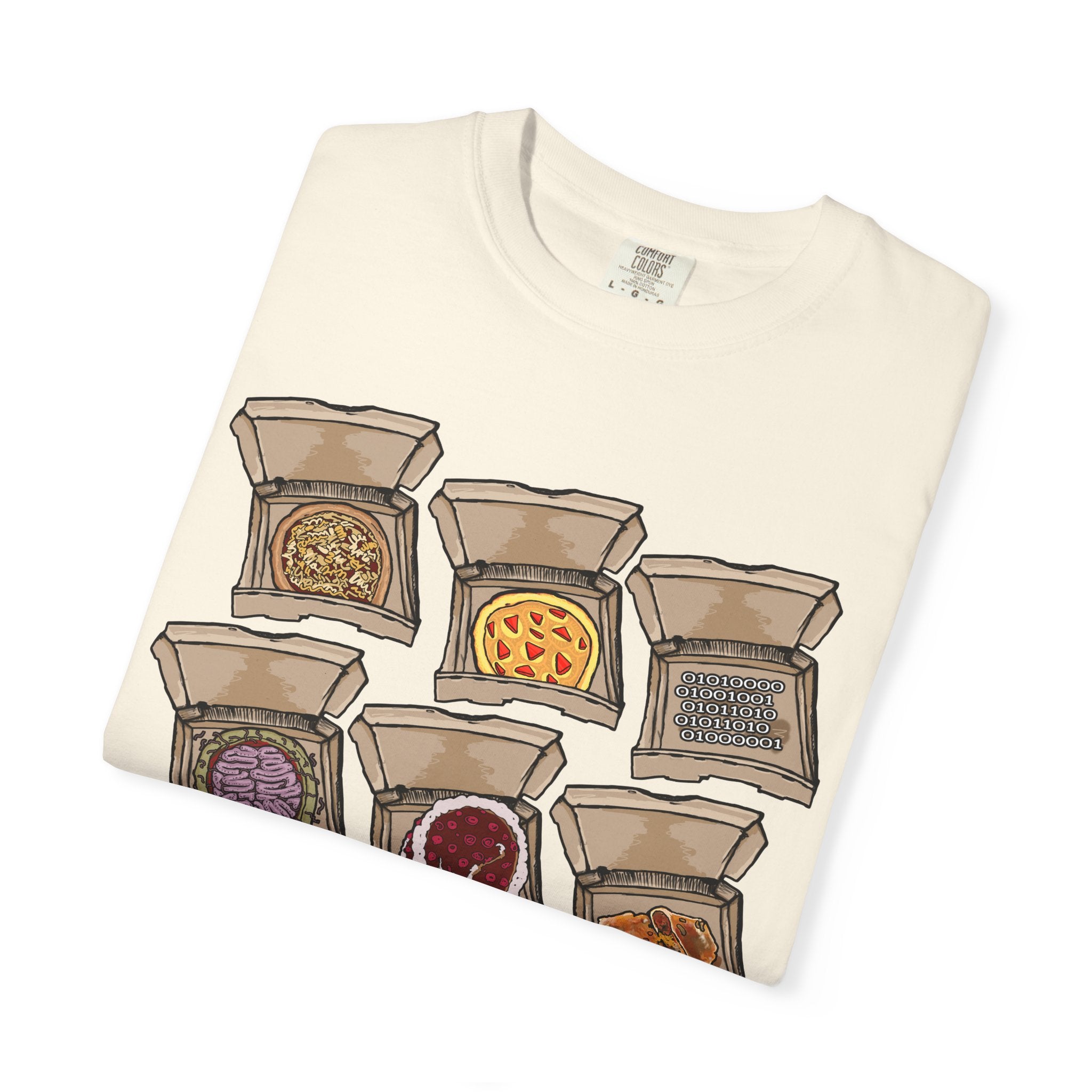 Hand-drawn PizzaBytes Set #1 t-shirt showing a 3x3 grid of open pizza boxes with brain pizza, ghost pizza, donut, binary code and more weird designs from PizzaBytes collection

