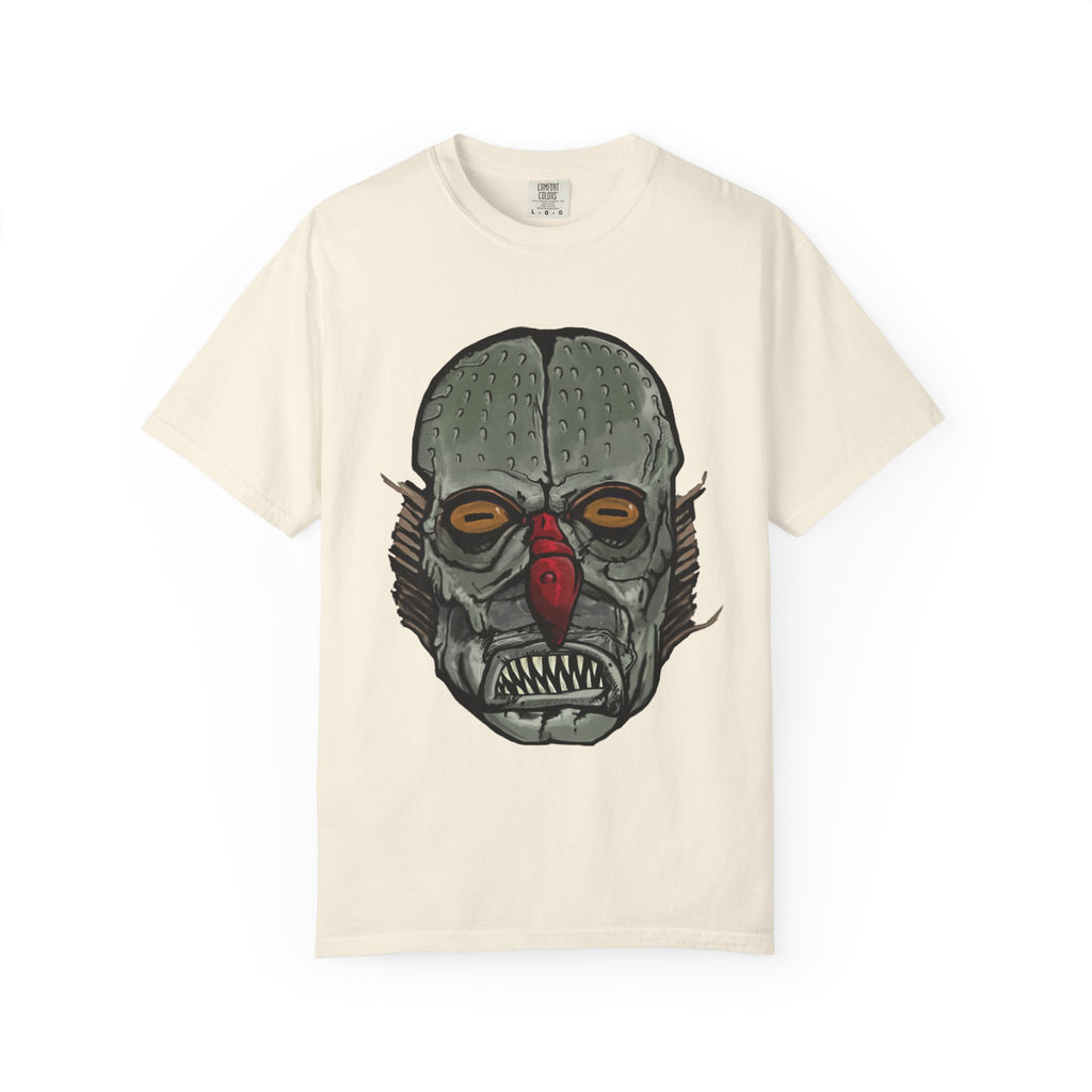 Freaky Features Fishman t-shirt, front shows grotesque fishman with orange eyes and red nose, back shows open pizza box with sewer pizza and skeletons
