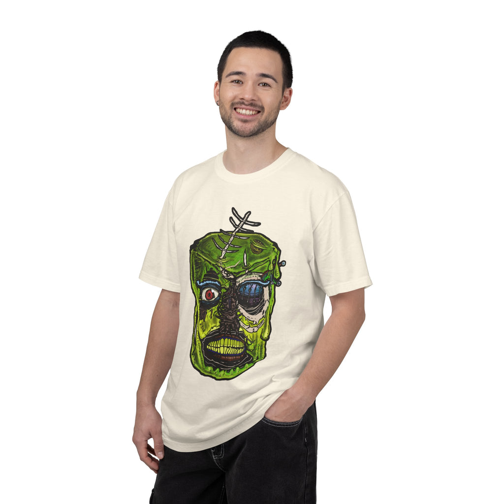 Freaky Features Radioactive Blob t-shirt, front shows neon green radioactive blob monster with cracked skull and glowing eyes, back shows open pizza box with glowing green jelly
