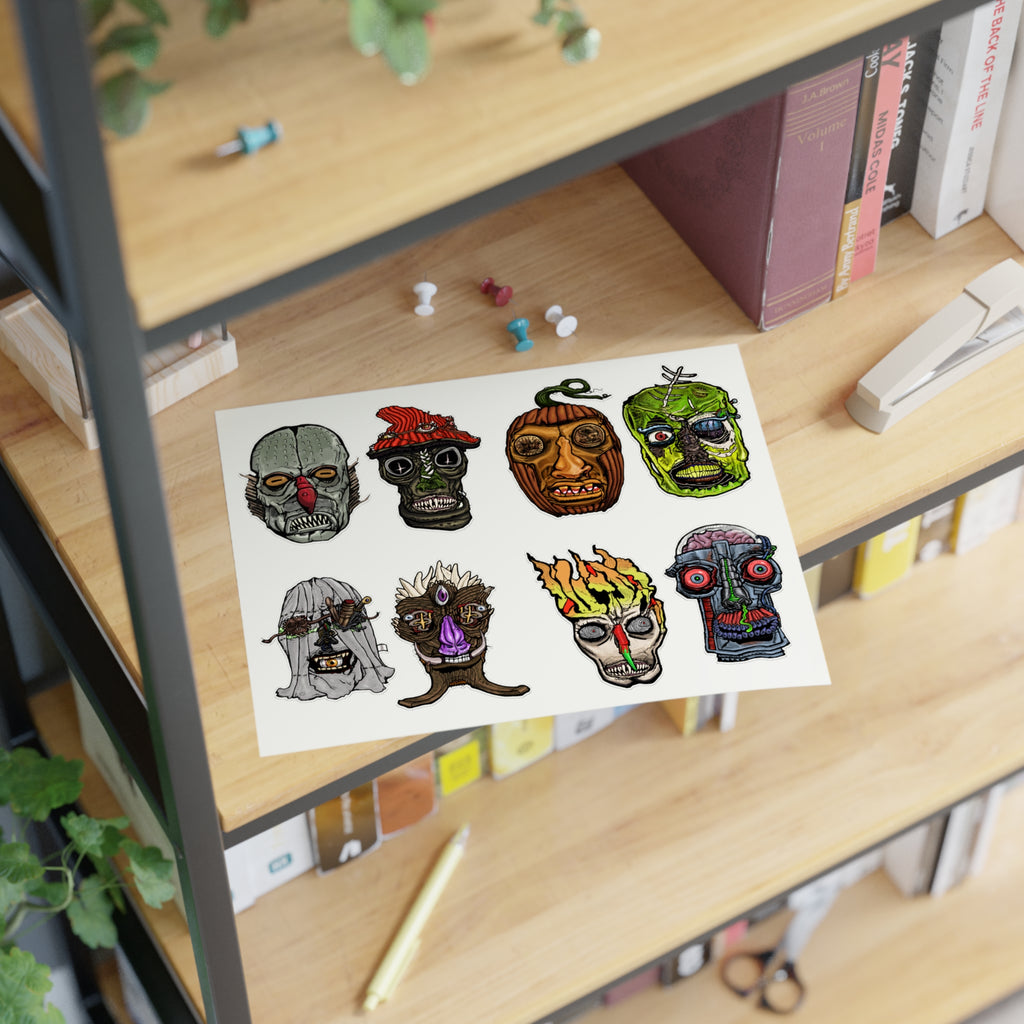 Freaky Features Sticker Sheet Set #2, transparent die-cut sheet with 8 hand-drawn monster heads including Fishman, Mushroom Boy, PumpkinJack, Radioactive Blob, Ghost, Flaming Skull, and Robo Bobo

