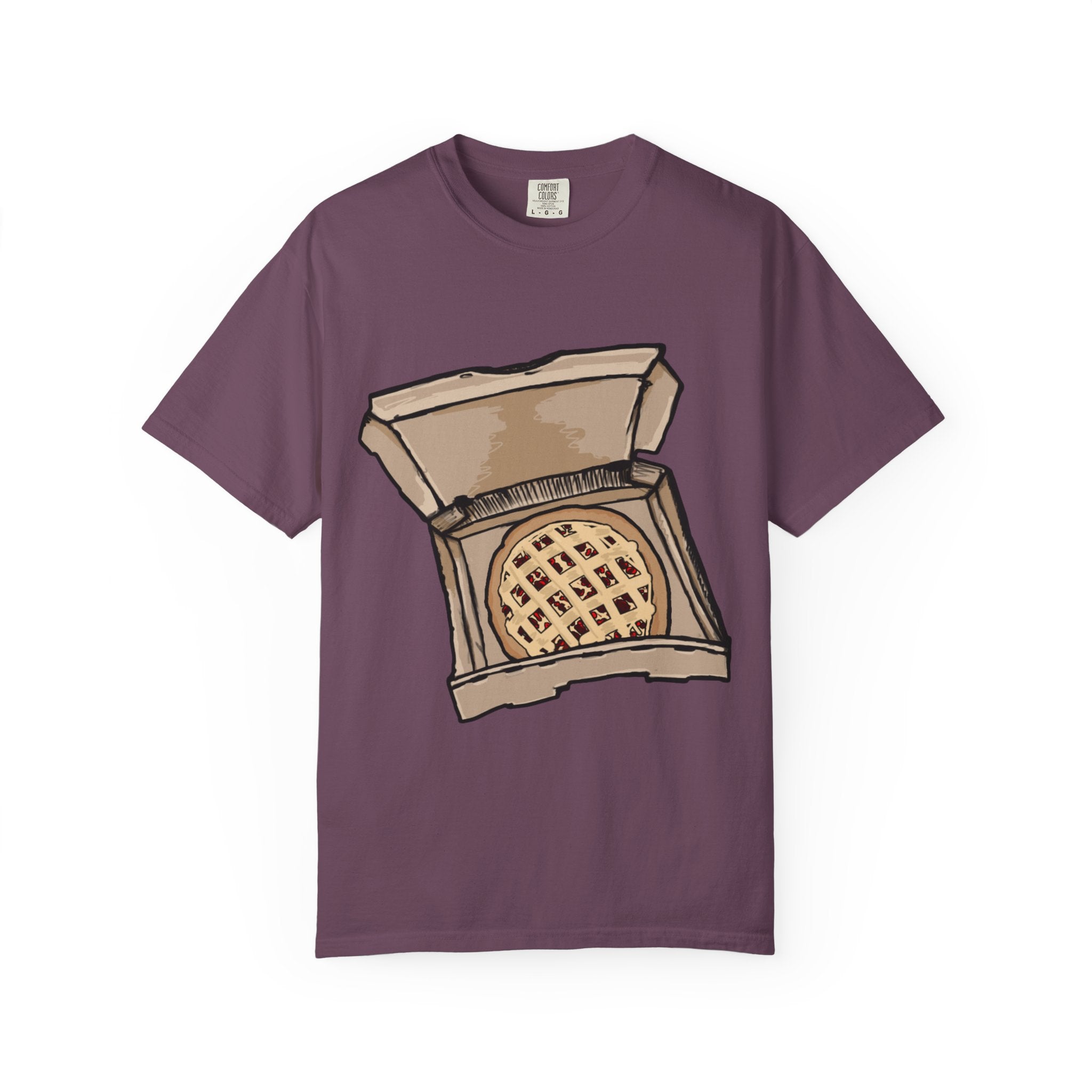 Hand-drawn cherry pie pizza box t-shirt showing open pizza box with lattice-top cherry pie from PizzaBytes collection

