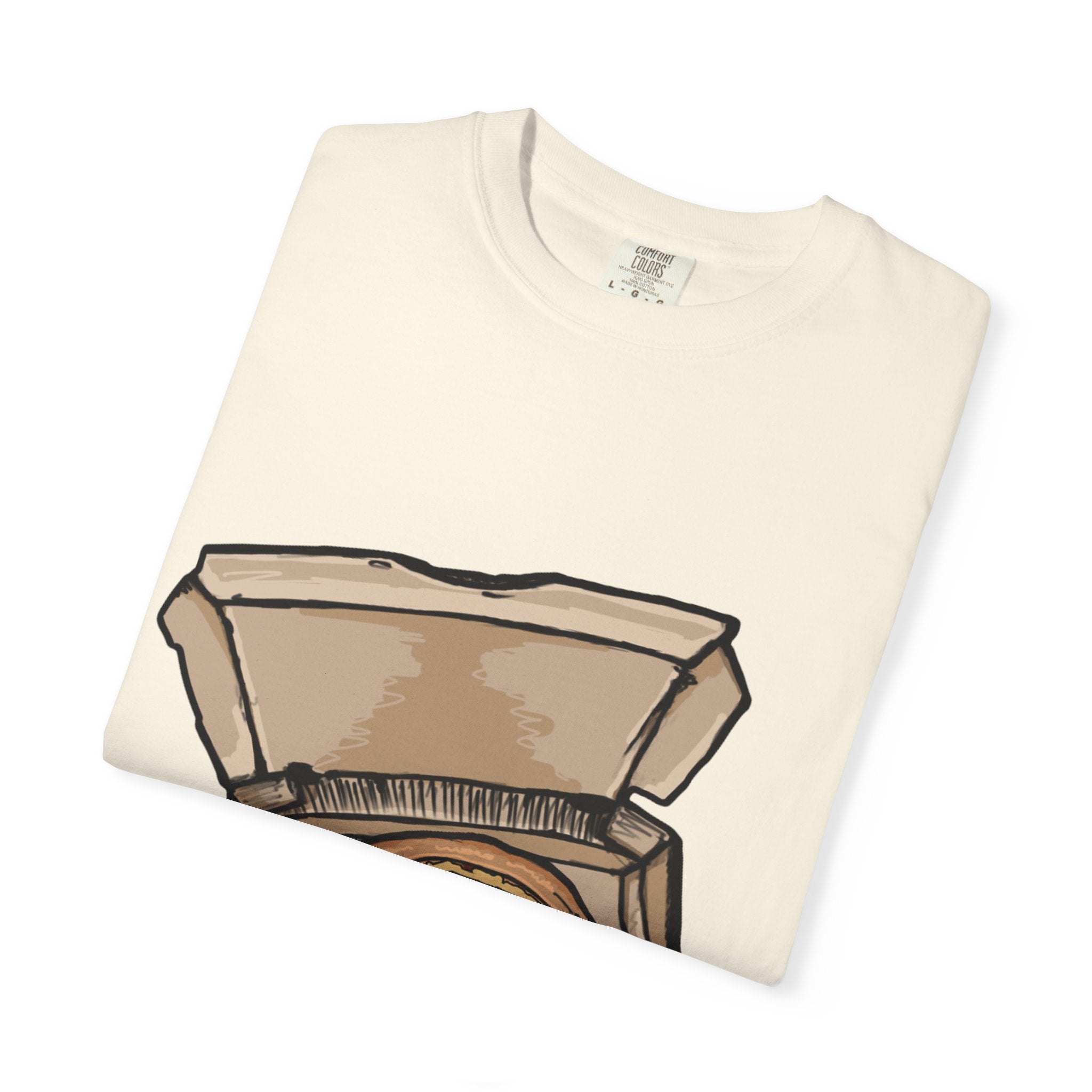 Hand-drawn noodle pizza box t-shirt showing open pizza box with pizza topped with crispy noodles from PizzaBytes collection

