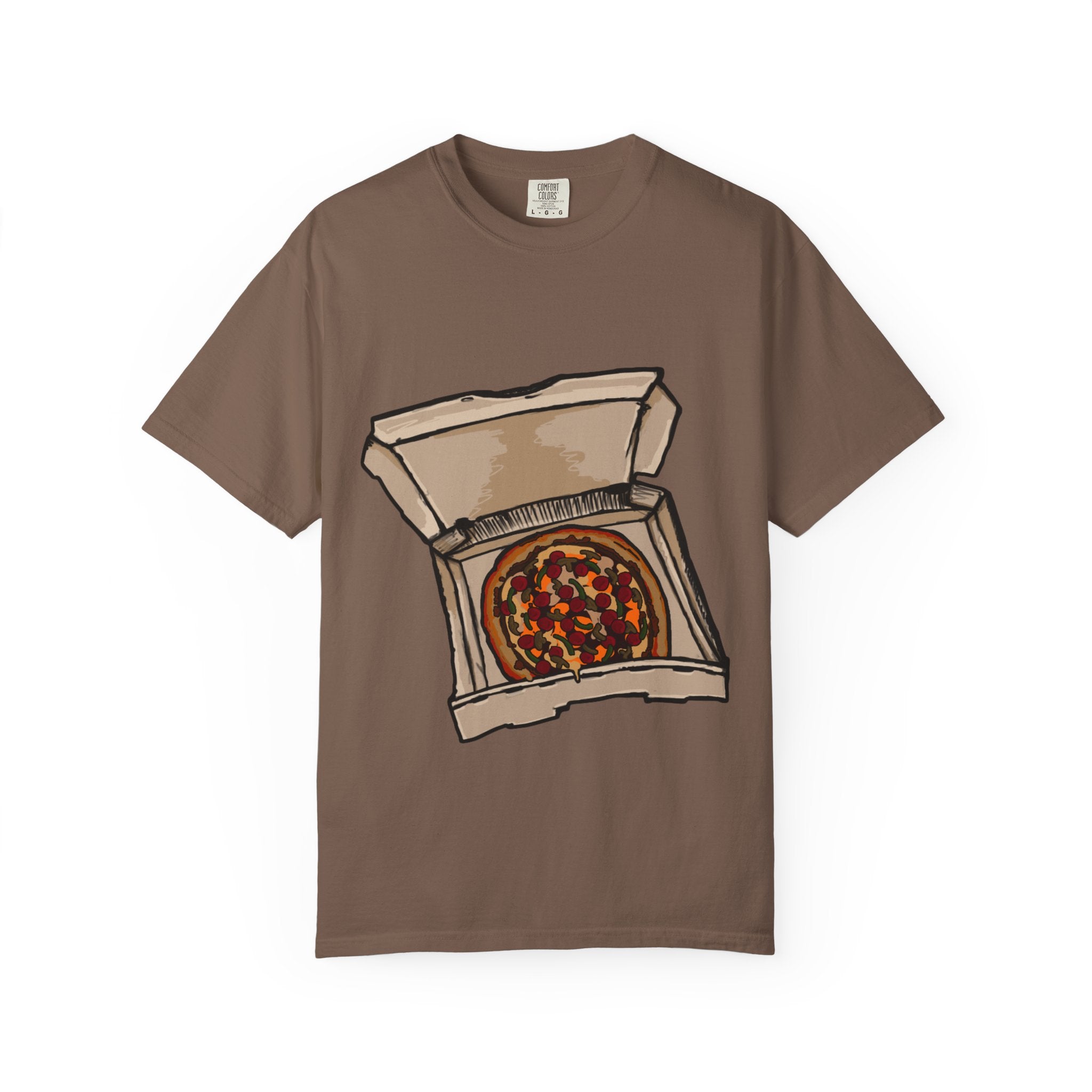 Hand-drawn pepperoni green pepper mushroom pizza box t-shirt showing open pizza box with pepperoni, green pepper and mushroom pizza from PizzaBytes collection

