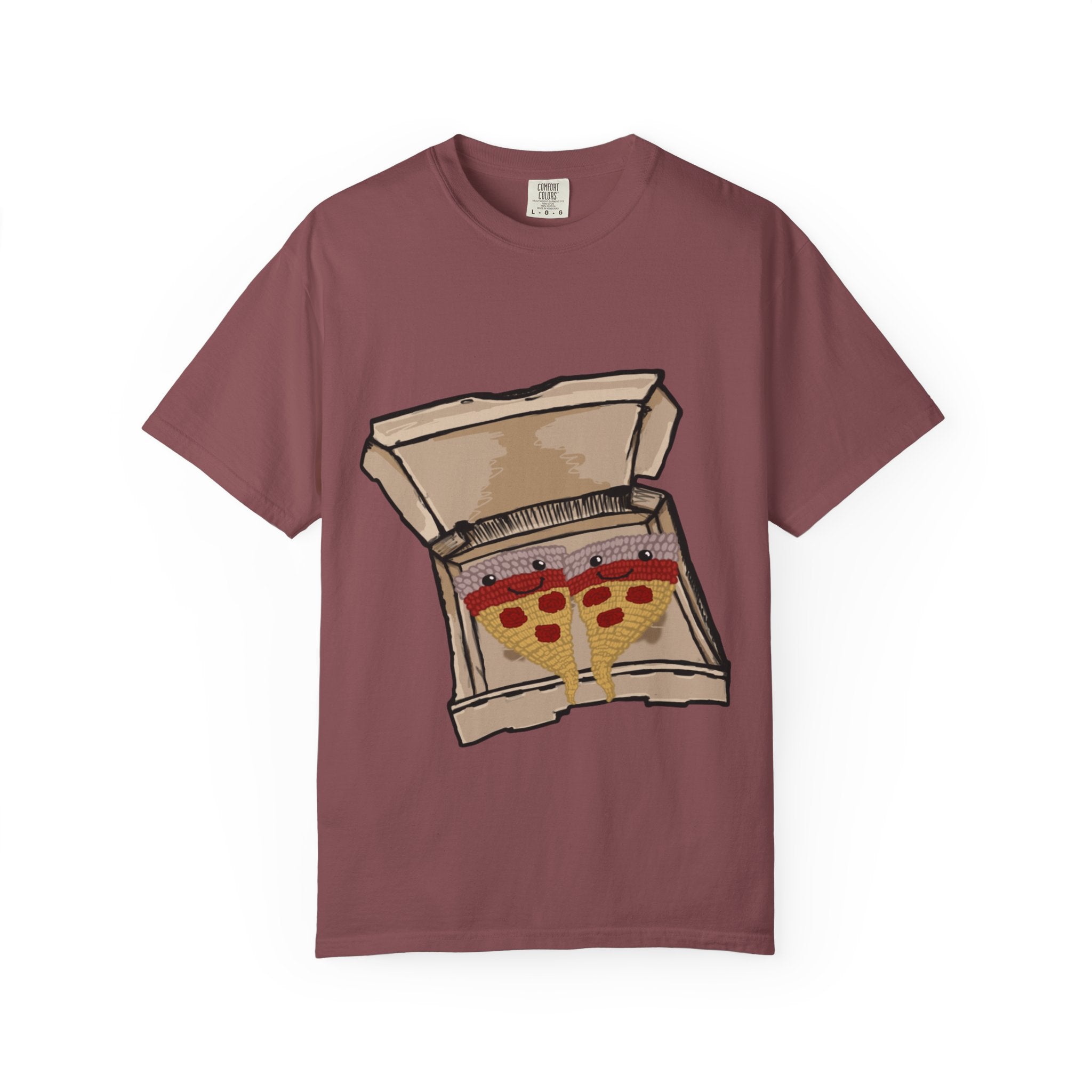Hand-drawn knitted pizza slices t-shirt showing open pizza box with two smiling knitted pepperoni pizza slices from PizzaBytes collection

